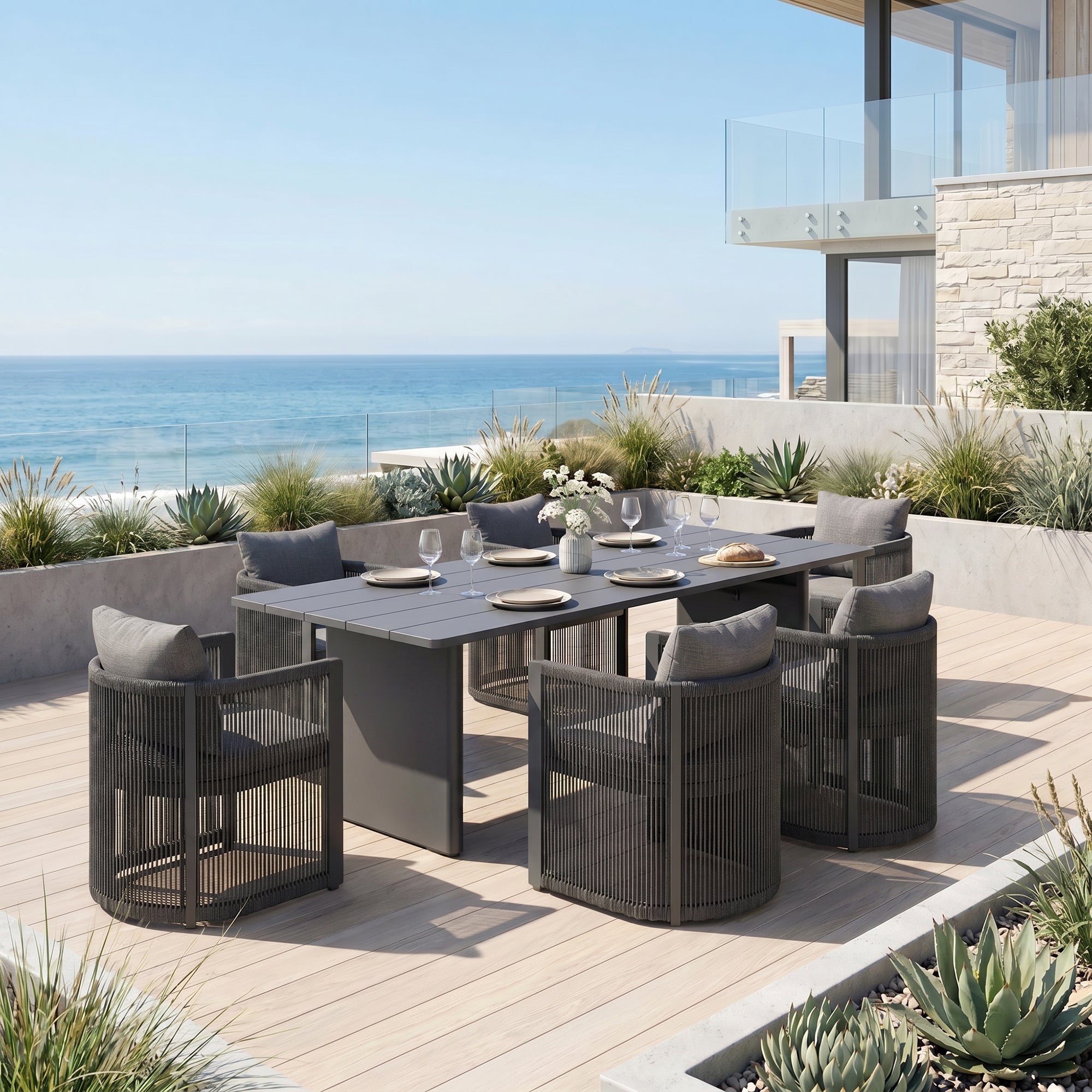 Irati Aluminum Outdoor Dining Set for 6-8 Seats, Dark Grey, Rope Design, 86.6" Table