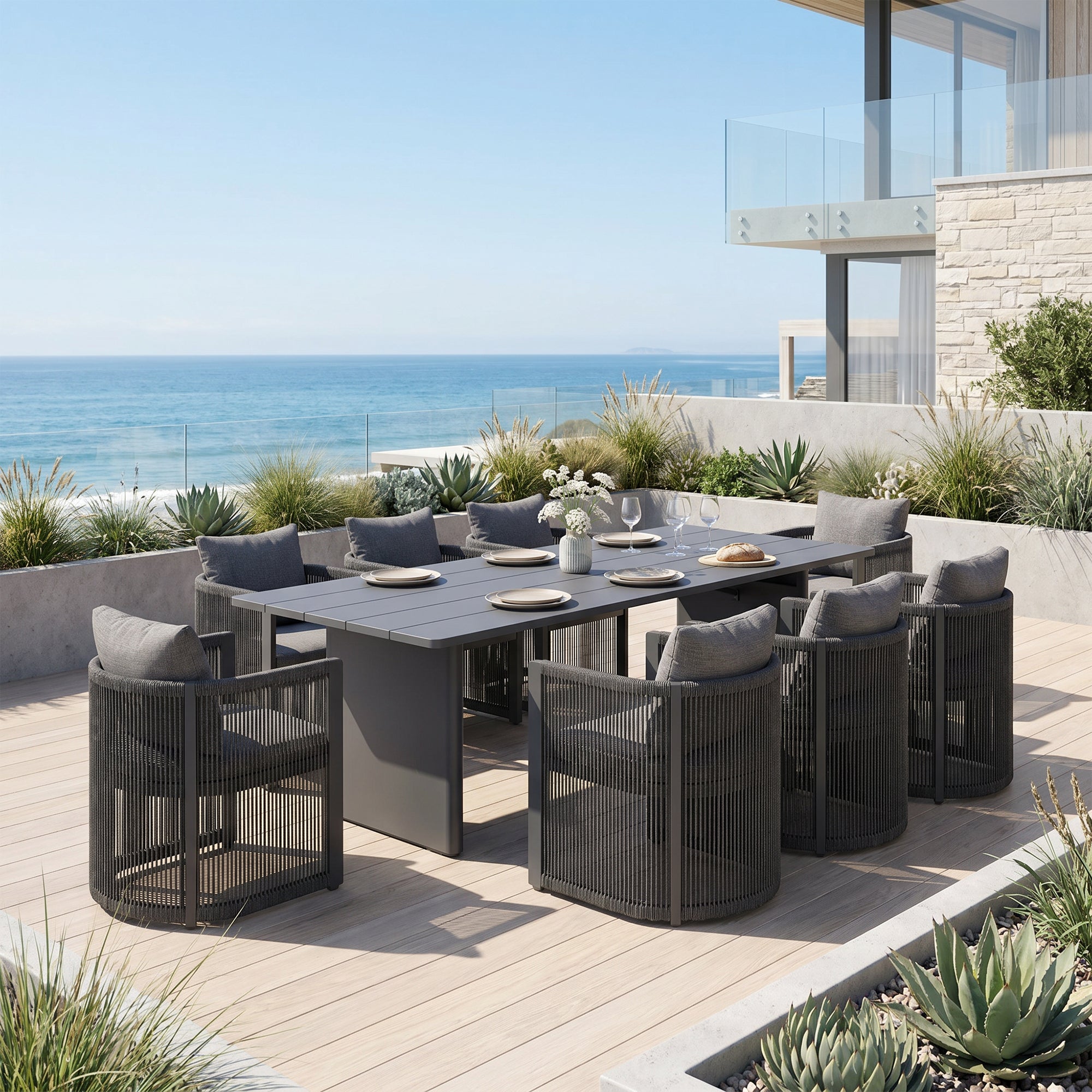 Irati Aluminum Outdoor Dining Set for 6-8 Seats, Dark Grey, Rope Design, 86.6" Table
