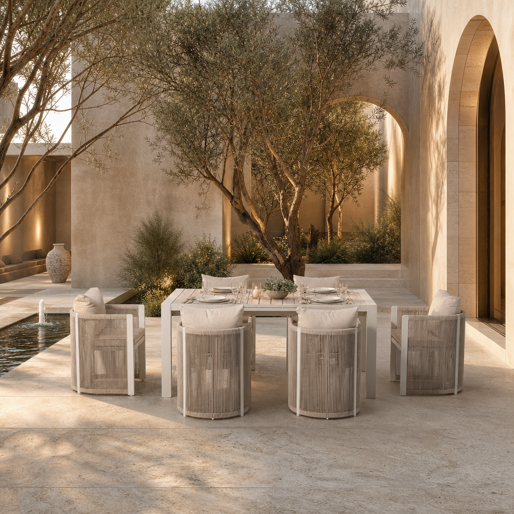 5-pc modern outdoor dining set with a rectangular slatted extendable aluminum table and six matching armchairs- Jardina premium modern outdoor patio furniture