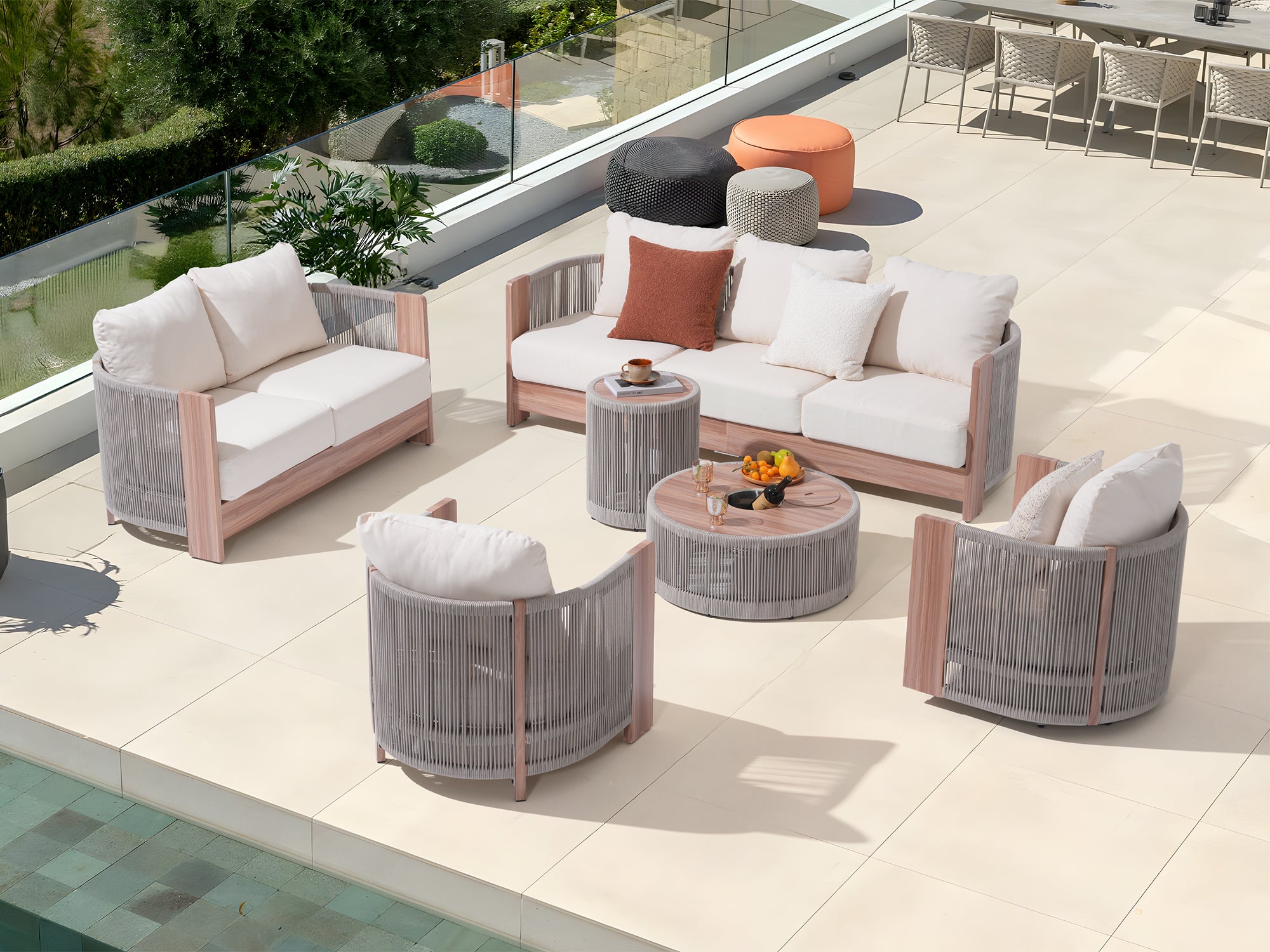 Irati 7 seats Rope Outdoor Seating Set with a side Table and a round coffee table, Built-in Storage Space - Jardina Premium Modern Outdoor Patio Furniture