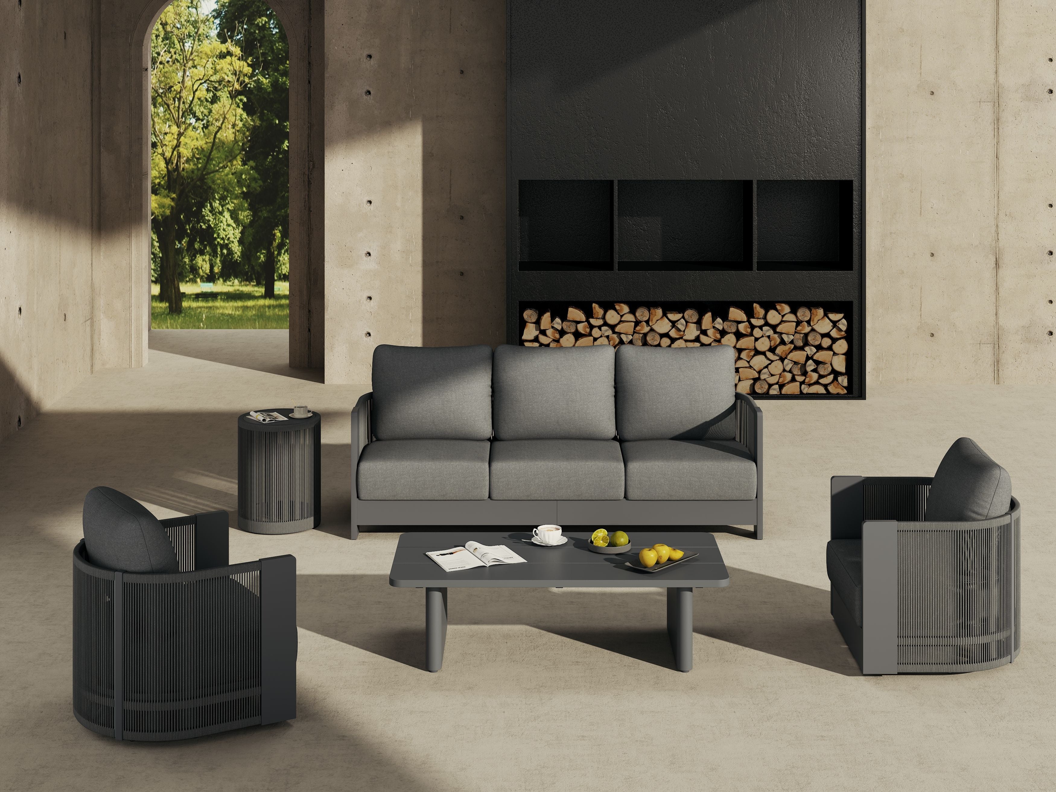 Irati 5 Piece Aluminum Rope Outdoor Seating Set, Dark Grey Cushions, Mixed Tables