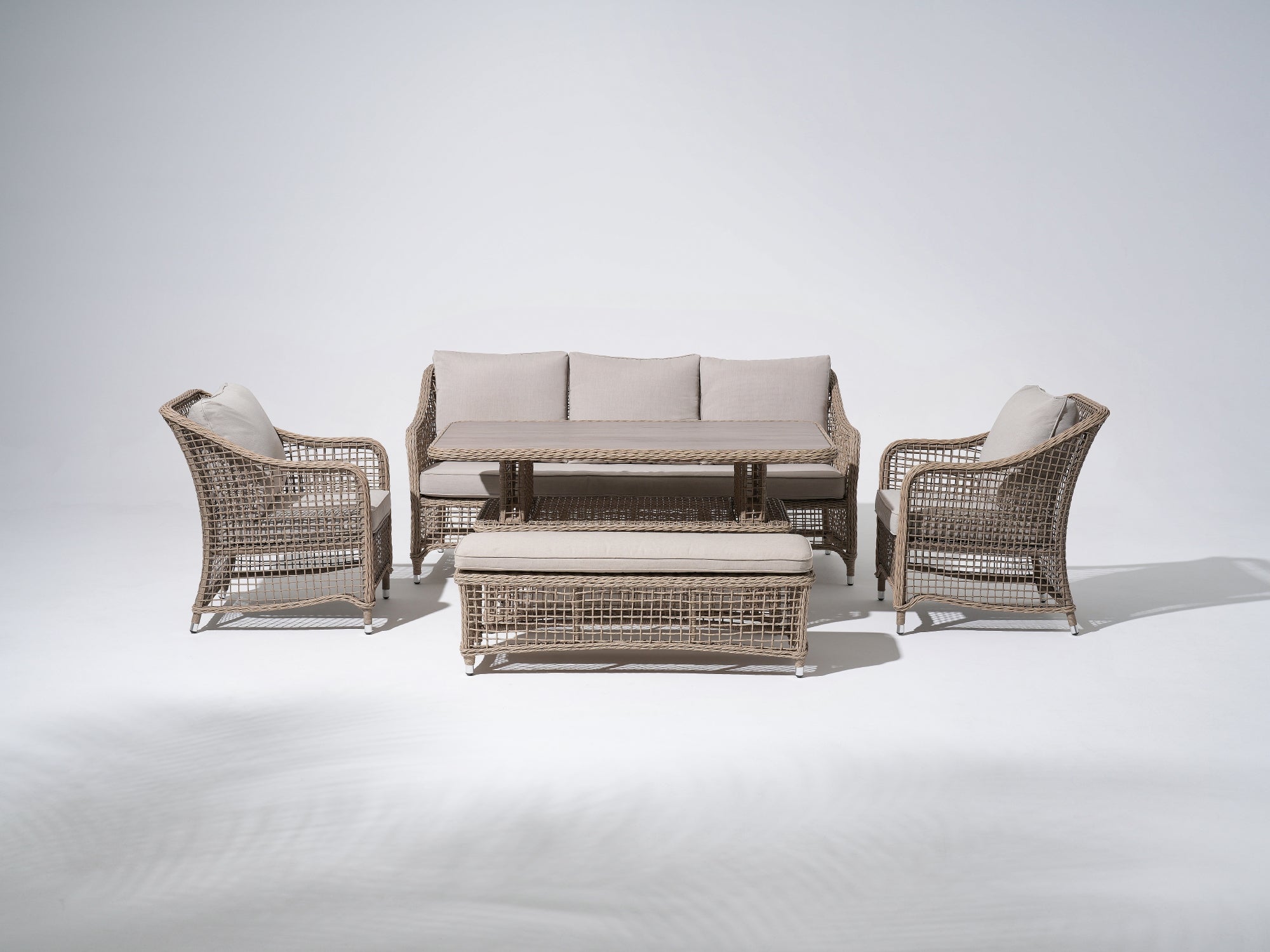Natural Aluminum 5-pcs outdoor conversation seating set with beige seat cushions and back cushions, a 3-seat sofa, two arm single sofa chairs with hollow rattan design, an aluminum lift table that can be used as a coffee table or a dining table, a bench with cushions can seat 2 people - Jardina Premium Modern Outdoor Patio Furniture Set #color_Natural