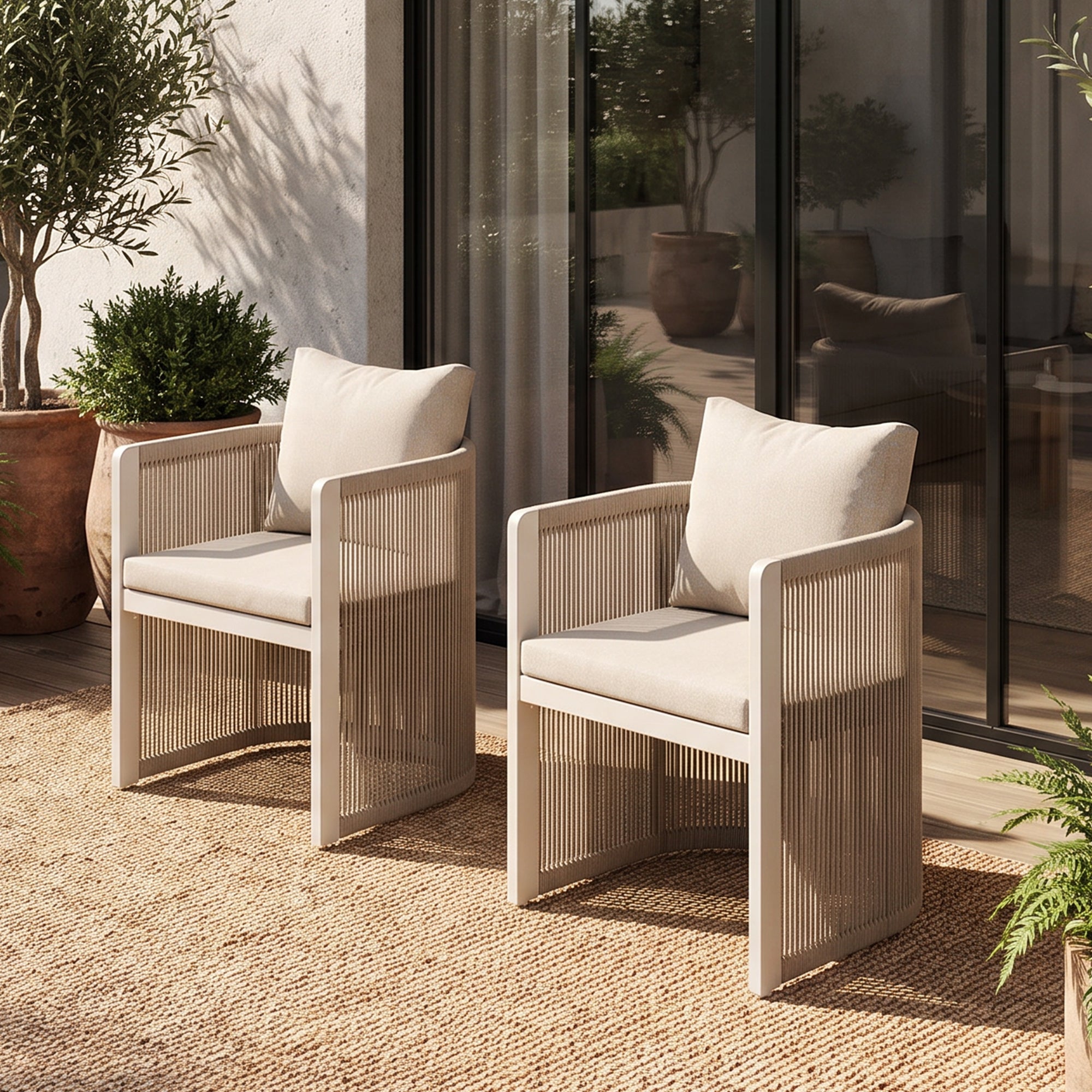 Irati Aluminum Outdoor Dining Chairs, Oyster White, Rope Design, Set of 2