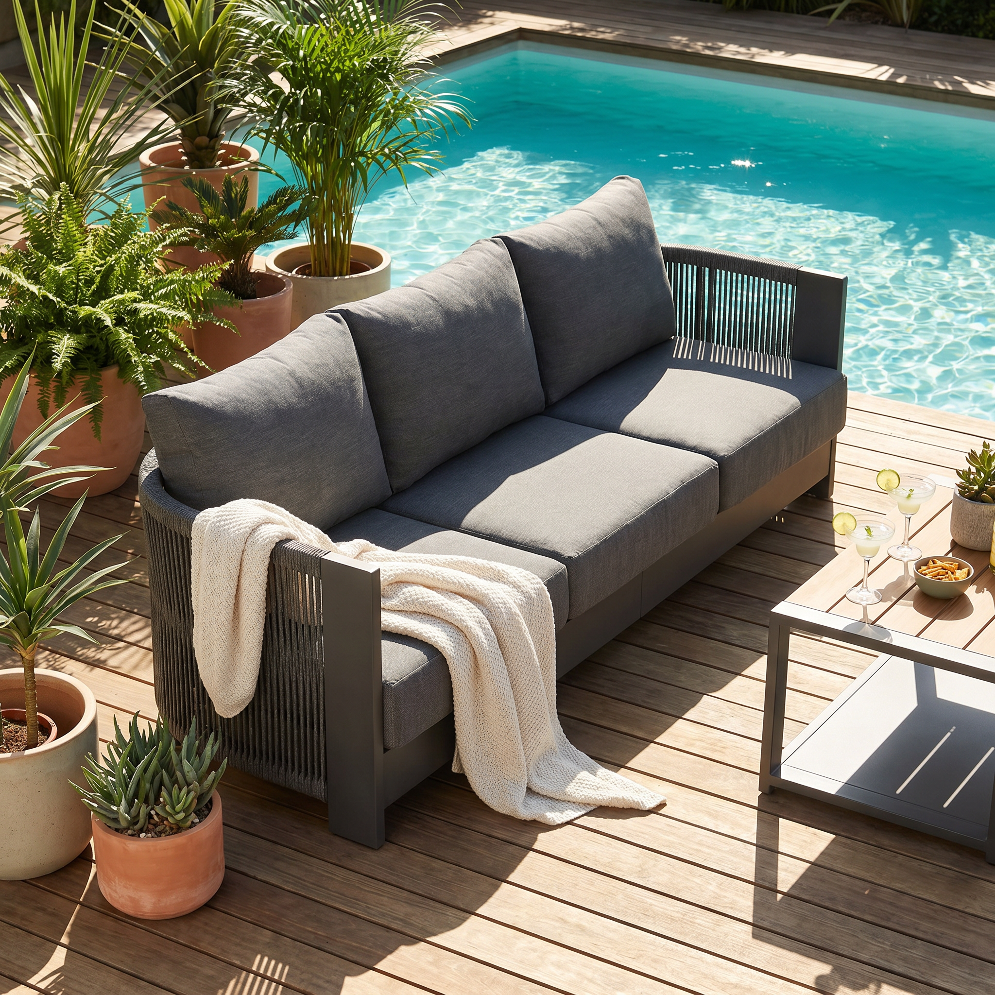 Gray aluminum and rope outdoor sofa on a wooden deck- Jardina Modern Premium Outdoor Patio Furniture