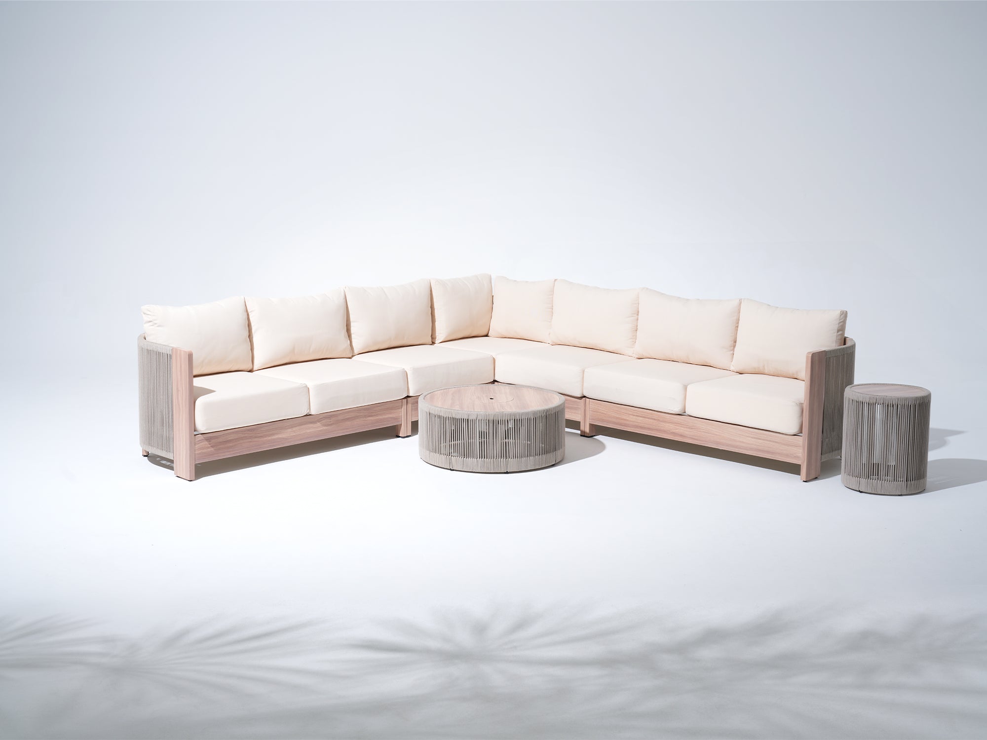 Irati Aluminum L-Shaped Rope Outdoor Sectionals with Mixed Tables(85"-112.2")