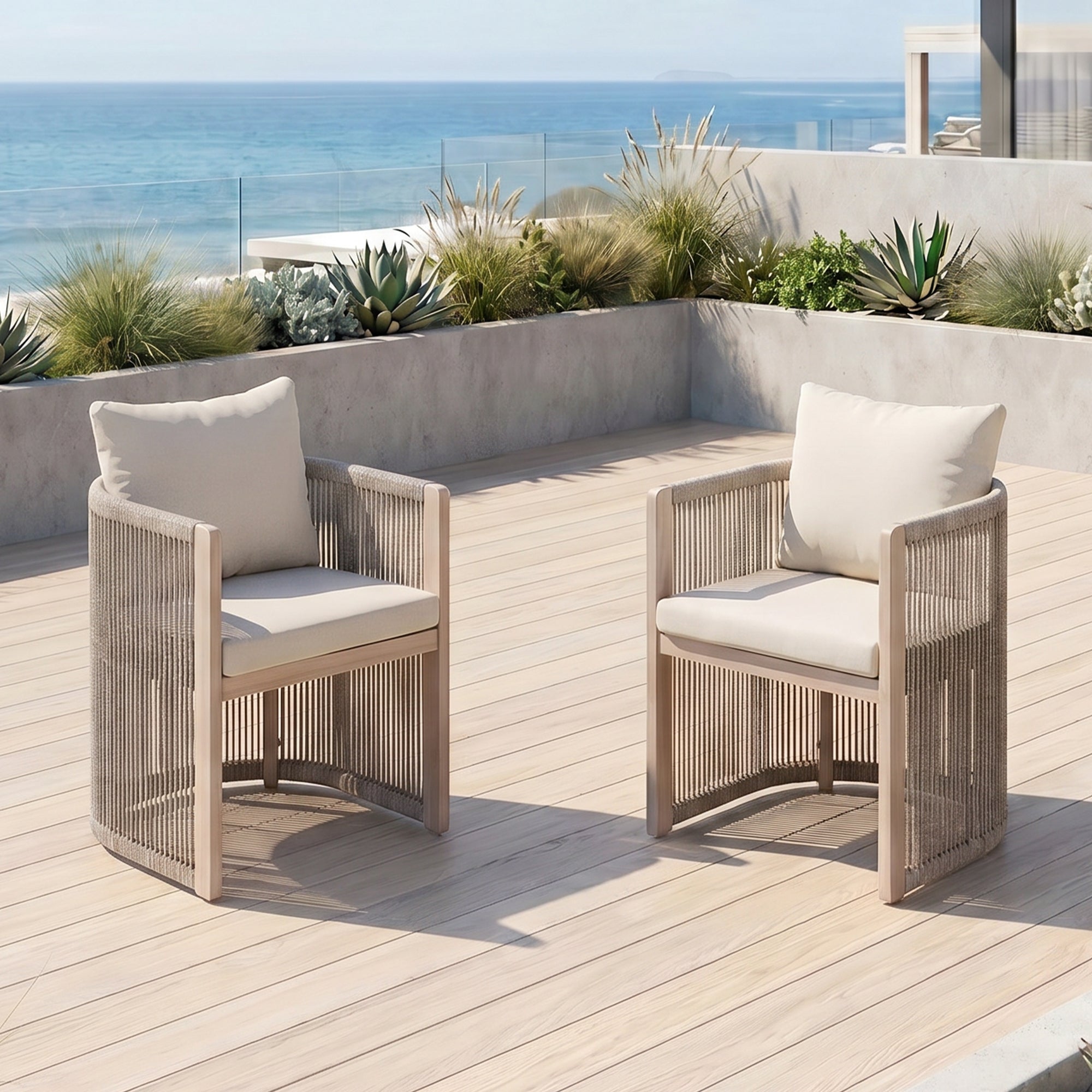 Irati Aluminum Outdoor Dining Chairs, Light Beige, Rope Design, Set of 2