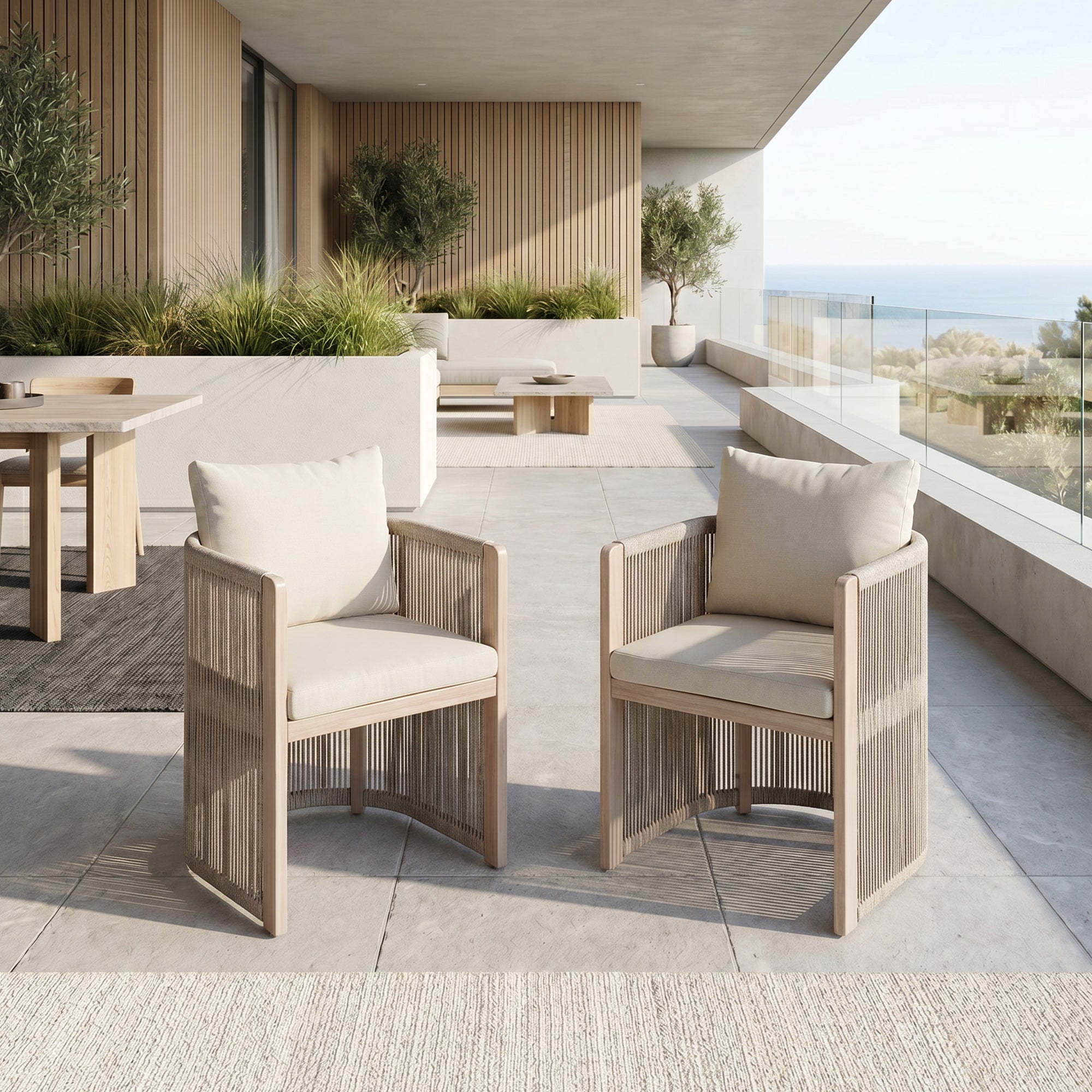 Irati Aluminum Outdoor Dining Chairs, Light Beige, Rope Design, Set of 2
