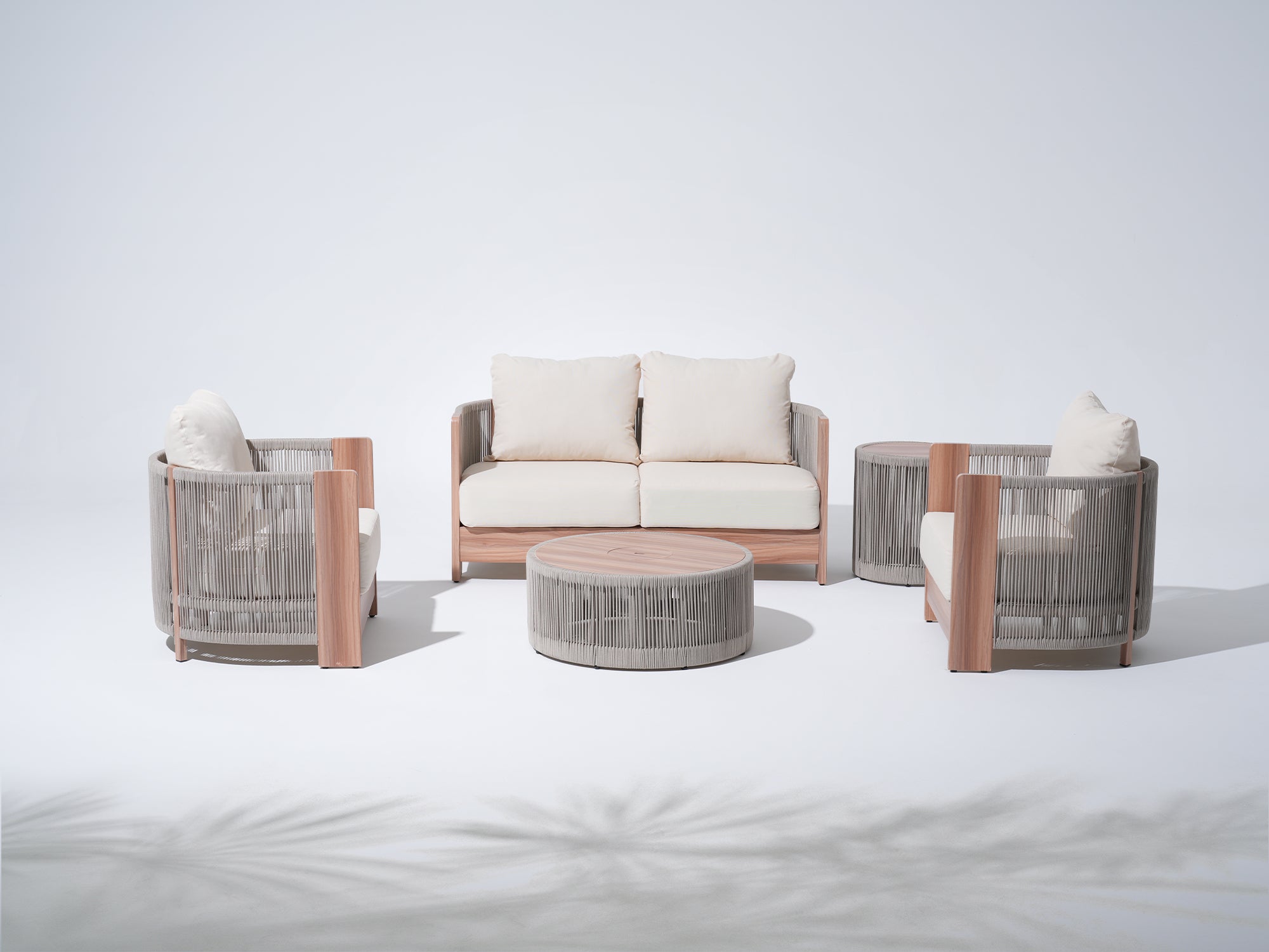 Irati Wood-Look Aluminum Outdoor Conversation Seating Set with 2 Tables, Built-in Storage Space & Rope Design