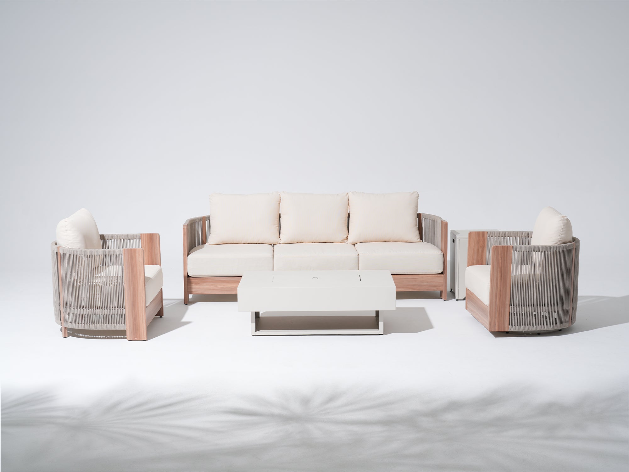 Modern outdoor furniture set with beige cushions, aluminum and rope patio fire pit table set for 5 people- Jardina Premium Modern Outdoor Patio Furniture Sets