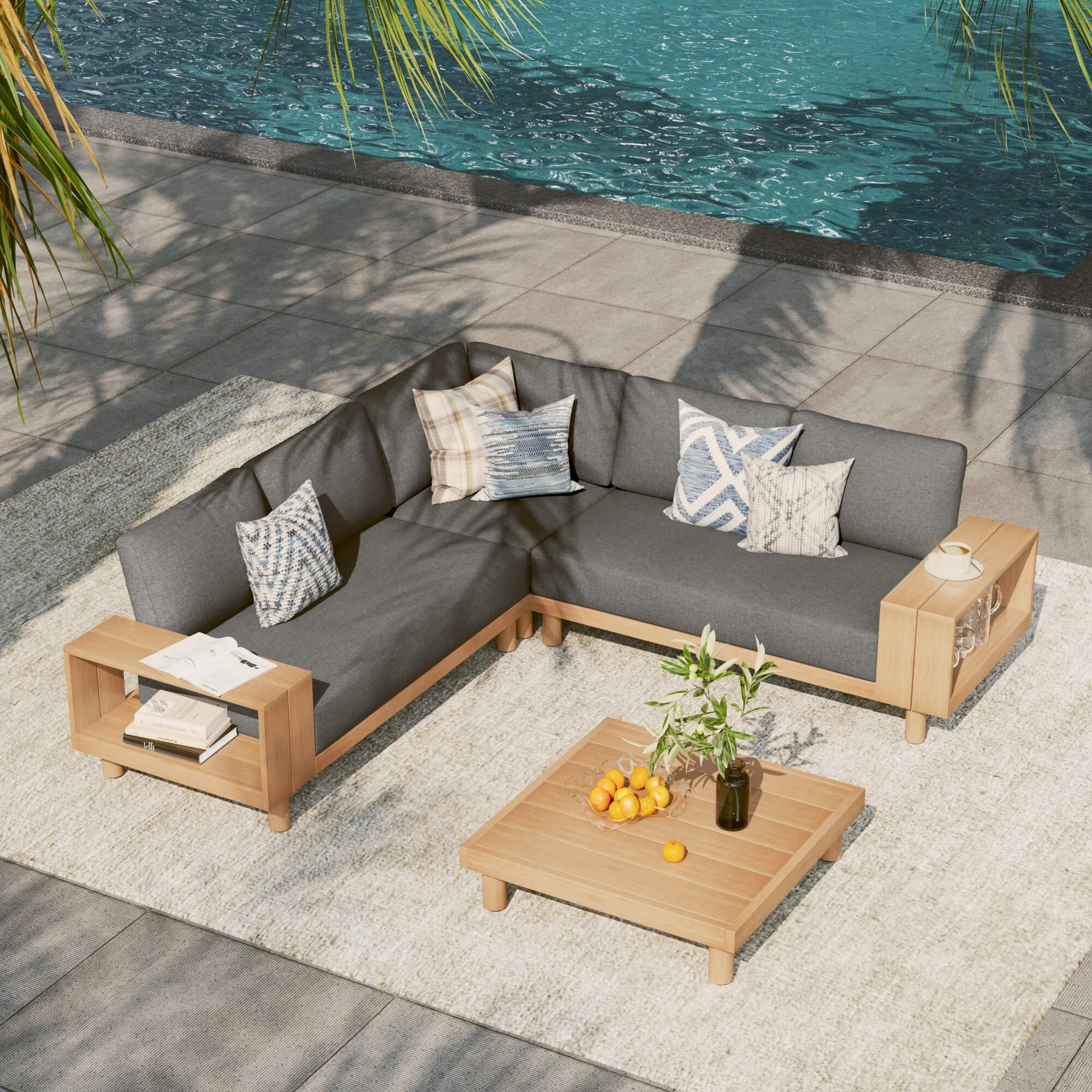 Sova wood L-shaped outdoor sectional sofa set with gray cushions#Color_Black