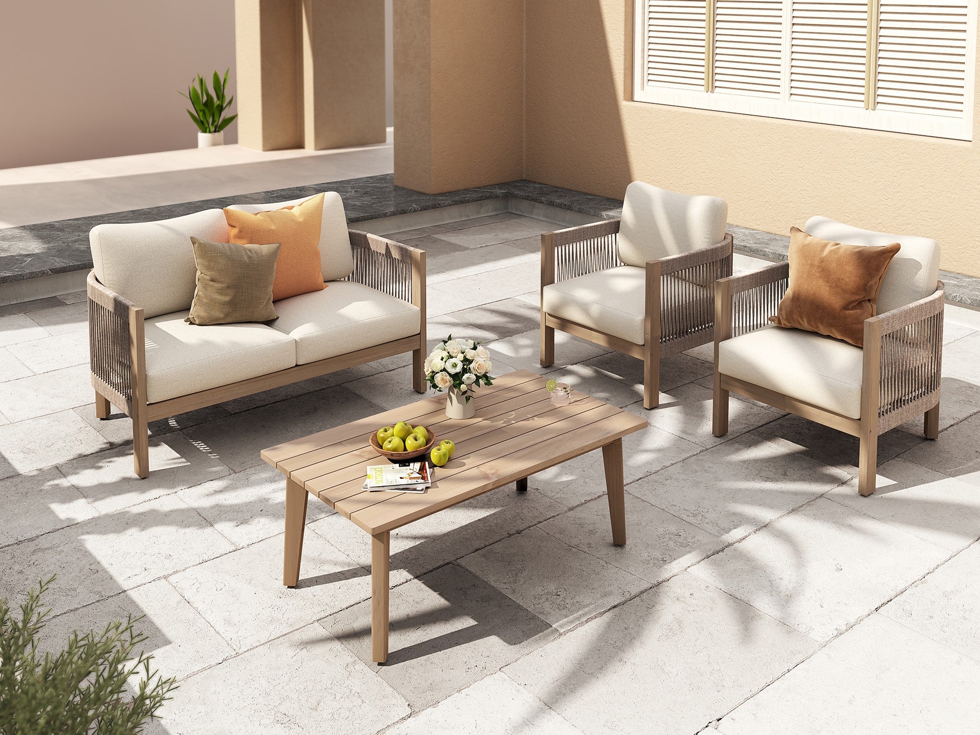 Foristern 4-seat Wooden Outdoor conversation Set with Rope Design - Jardina Modern Outdoor Furniture