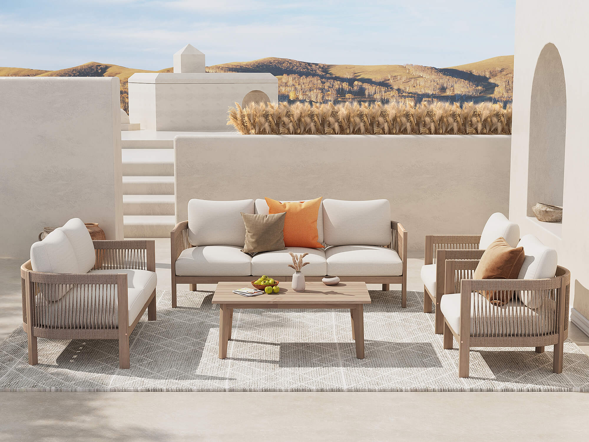 acacia wood Outdoor patio furniture conversation seating set with cushions, rope design - Jardina Modern Premium Outdoor Patio Furniture Sets