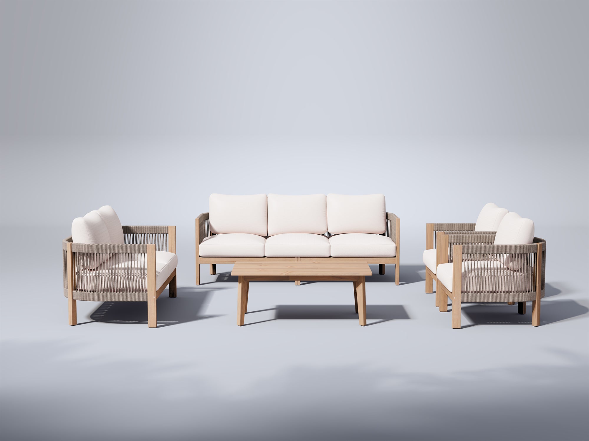 5 seats Outdoor furniture set with sofa and chairs, acacia wood and woven rope design - Jardina Modern Premium Outdoor Patio Furniture Sets