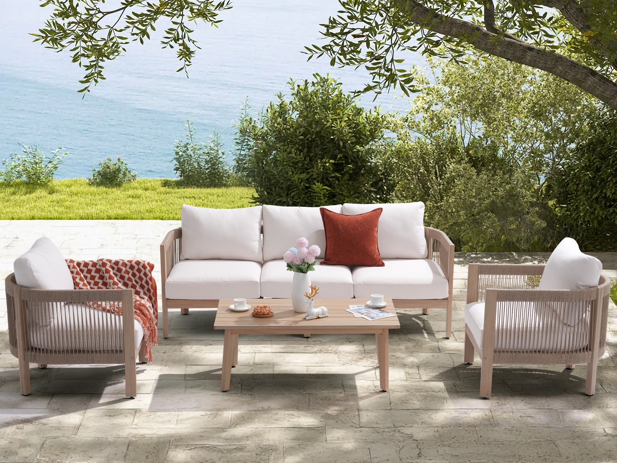 Foristern 5-seat Wooden Outdoor sofa Set with Rope Design, white cushions - Jardina Modern Outdoor Furniture