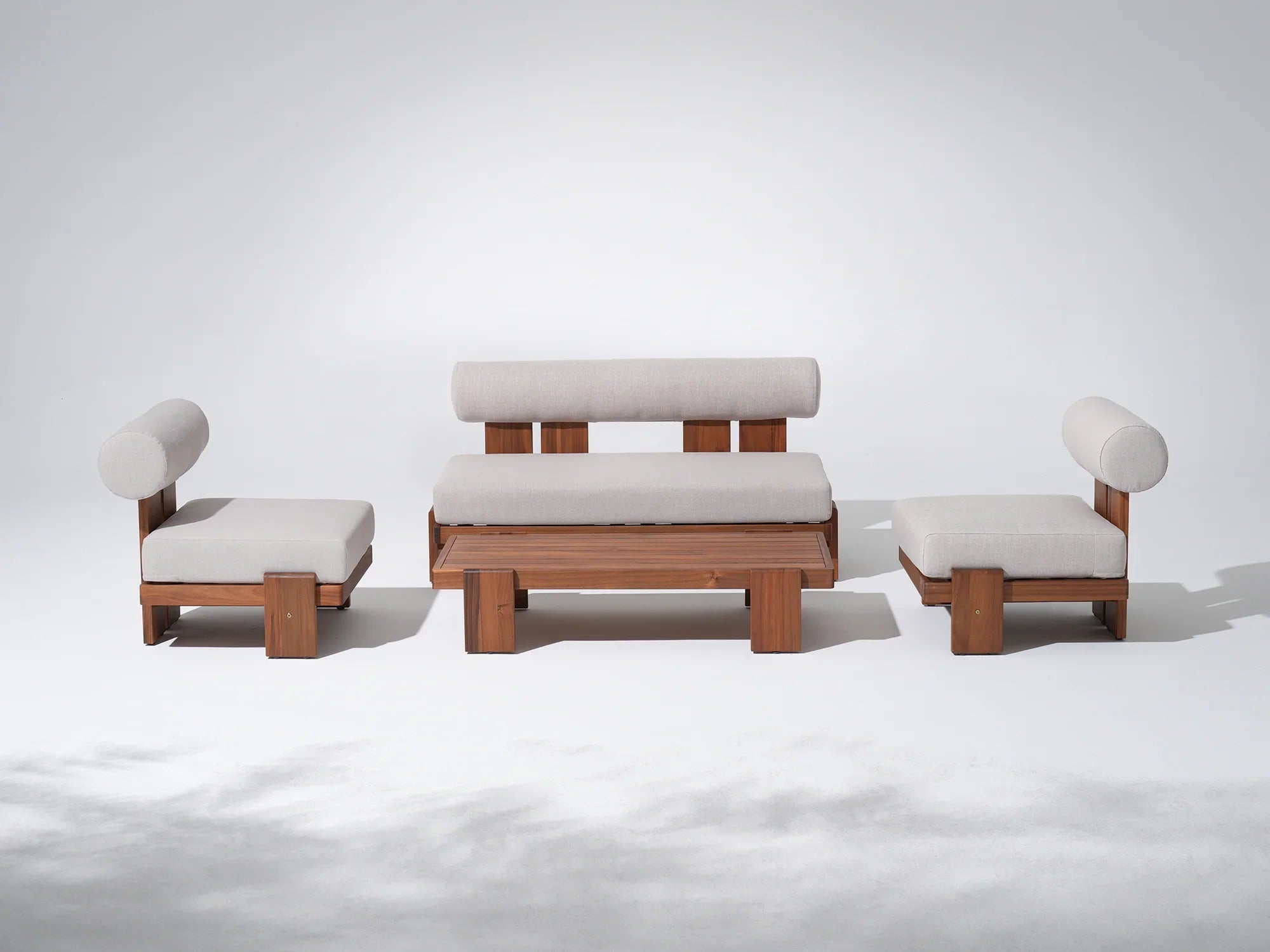 acacia Wooden outdoor furniture lounge set with white cushions, loveseat, two armless single sofa, a large coffee table- Jardina Modern Premium Outdoor Patio Furniture Sets