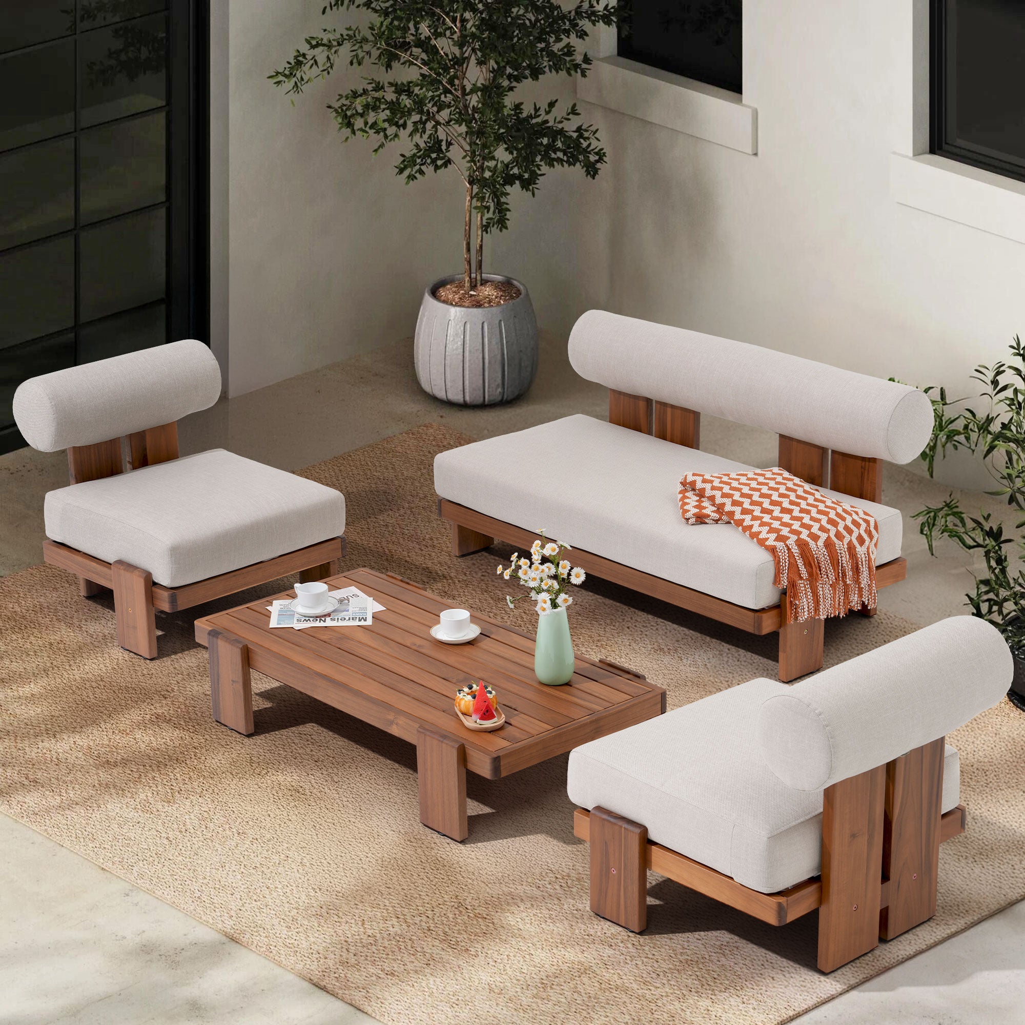 Outdoor conversation set with wooden chairs and table on a patio - Jardina Modern Premium Outdoor Patio Furniture Sets
