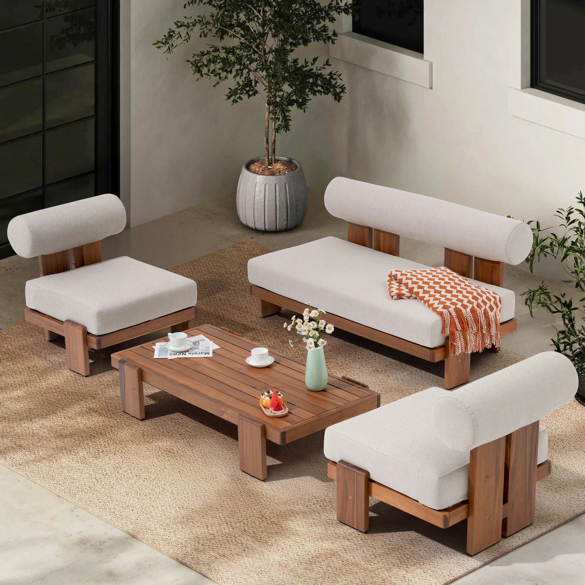 Outdoor conversation furniture set with acacia wooden chairs and table on a patio - Jardina Modern Premium Outdoor Patio Furniture Sets