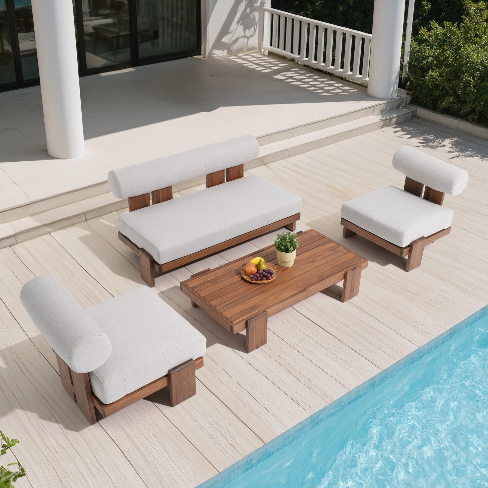 Outdoor loveseat seating set with wooden chairs and table by a pool- Jardina Modern Premium Outdoor Patio Furniture Sets