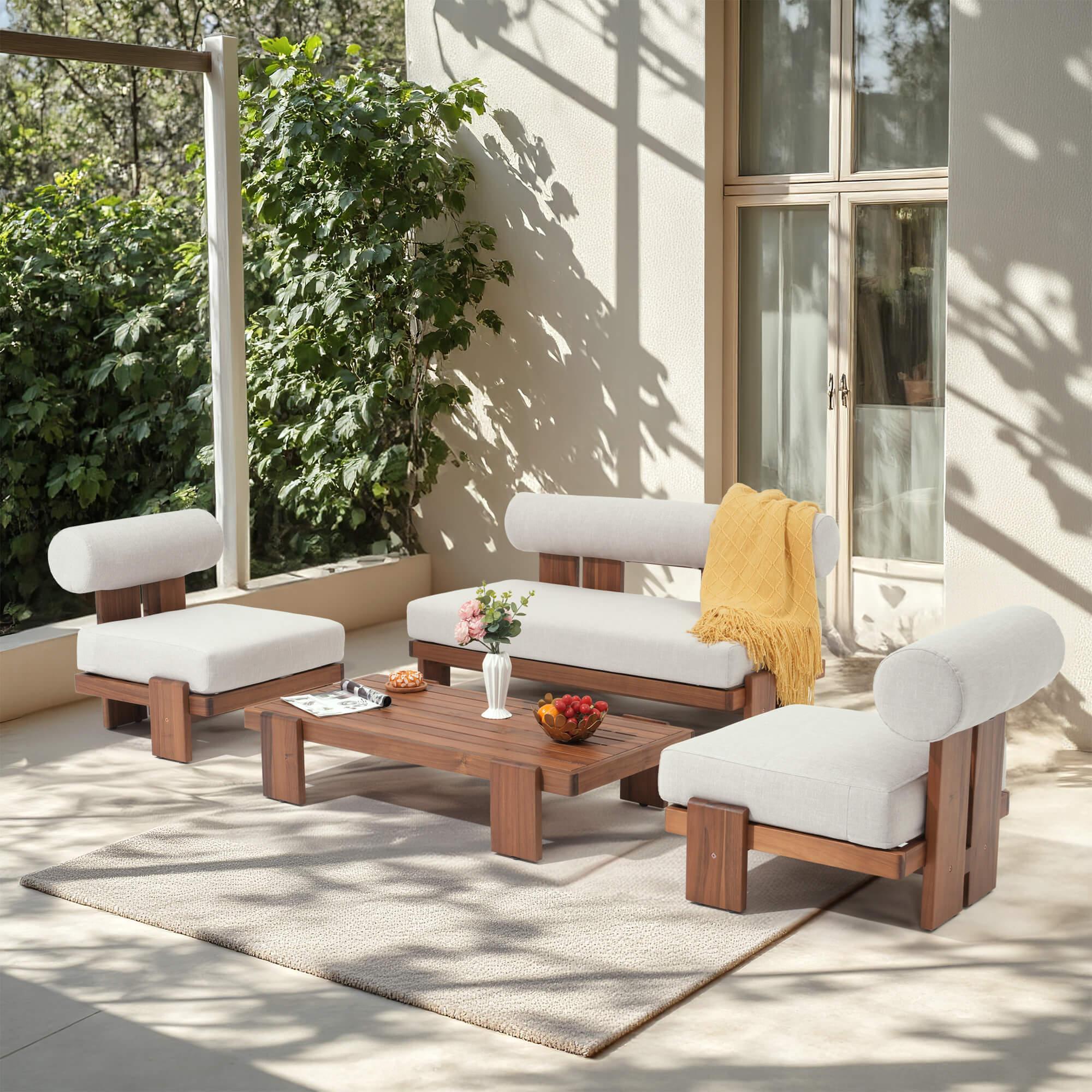 4-seat Outdoor furniture conversation set with acacia wooden frames and white cushions on a patio - Jardina Modern Premium Outdoor Patio Furniture Sets