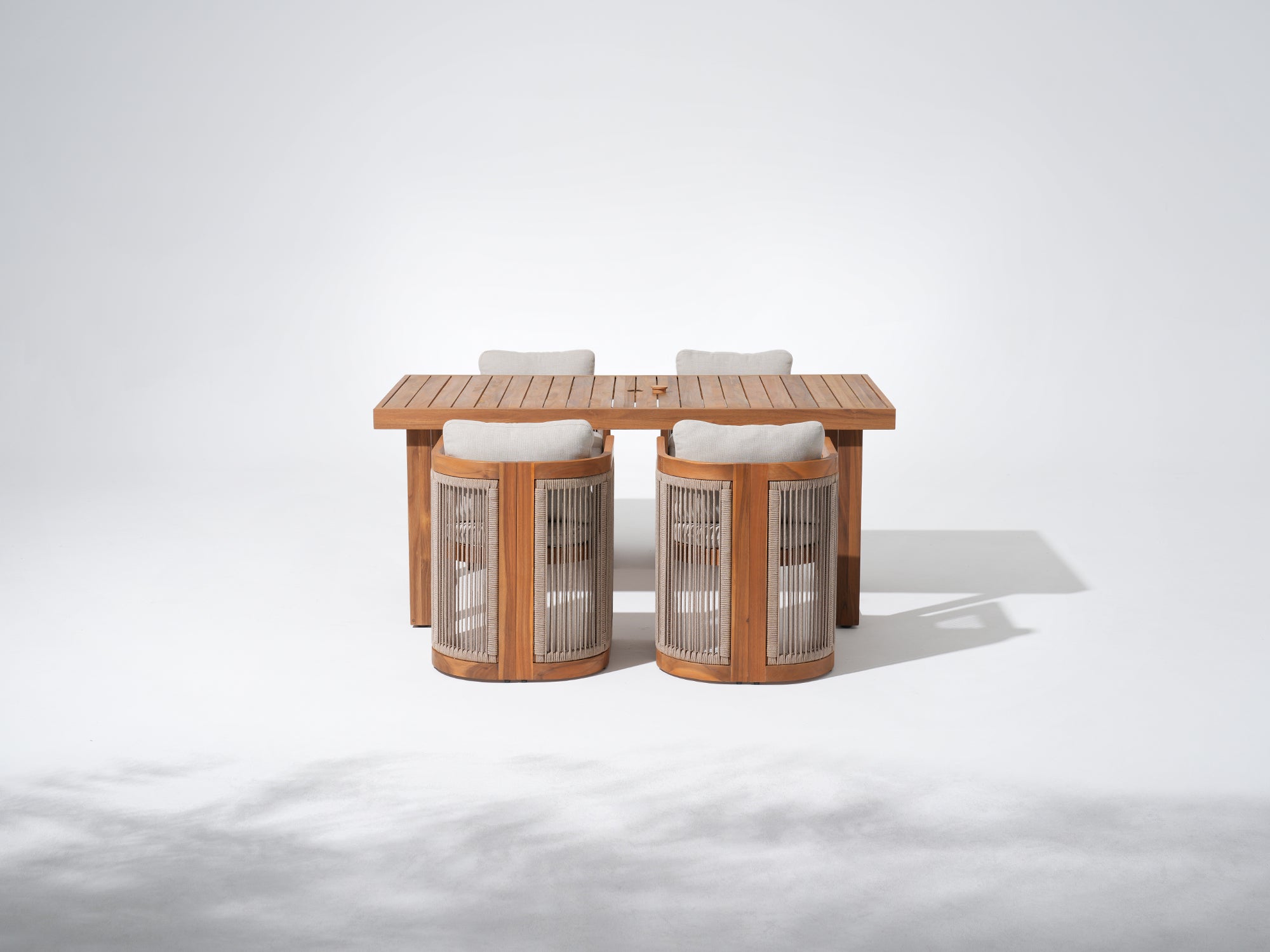 acacia Wooden outdoor table with four chairs and umbrella hole for 4 people- Jardina Premium Modern Outdoor Dining Furniture