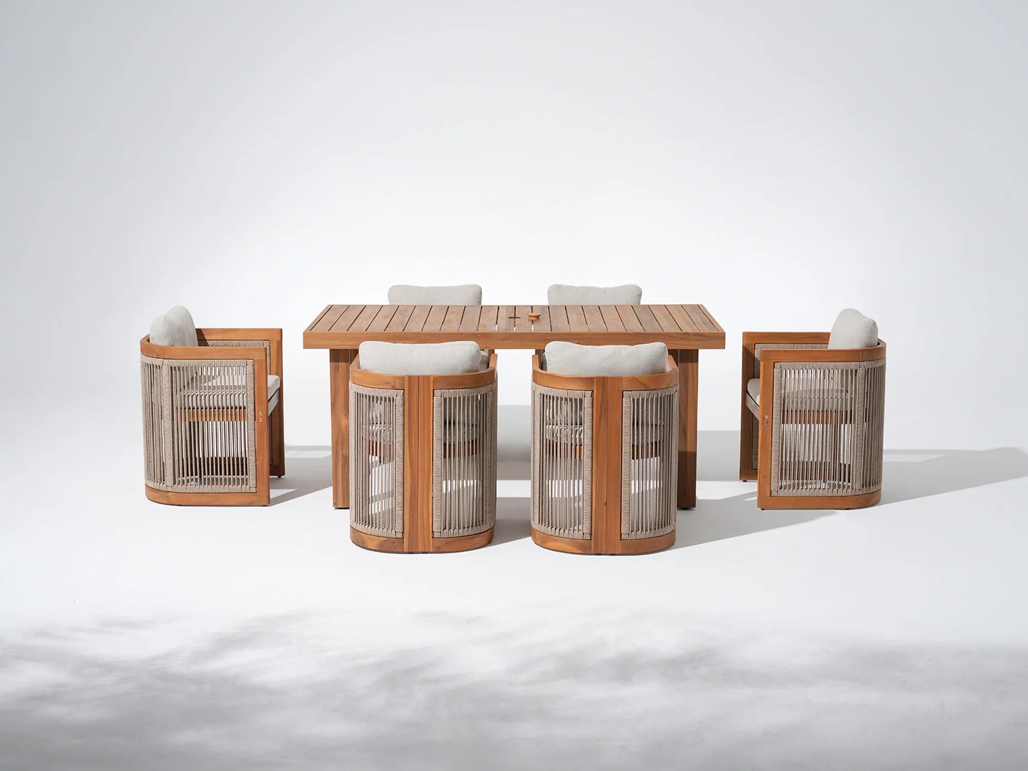 acacia Wooden outdoor furniture dining set for 6 with umbrella hole, rope design chairs - Jardina Premium Modern Outdoor Dining Furniture