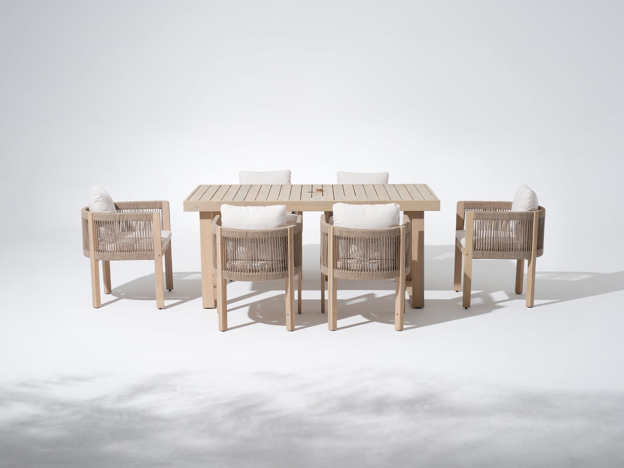 7-pc acacia wood Outdoor furniture dining set with a rectangular table with an umbrella hole and six rope chairs - Jardina Premium Modern Outdoor Dining Furniture