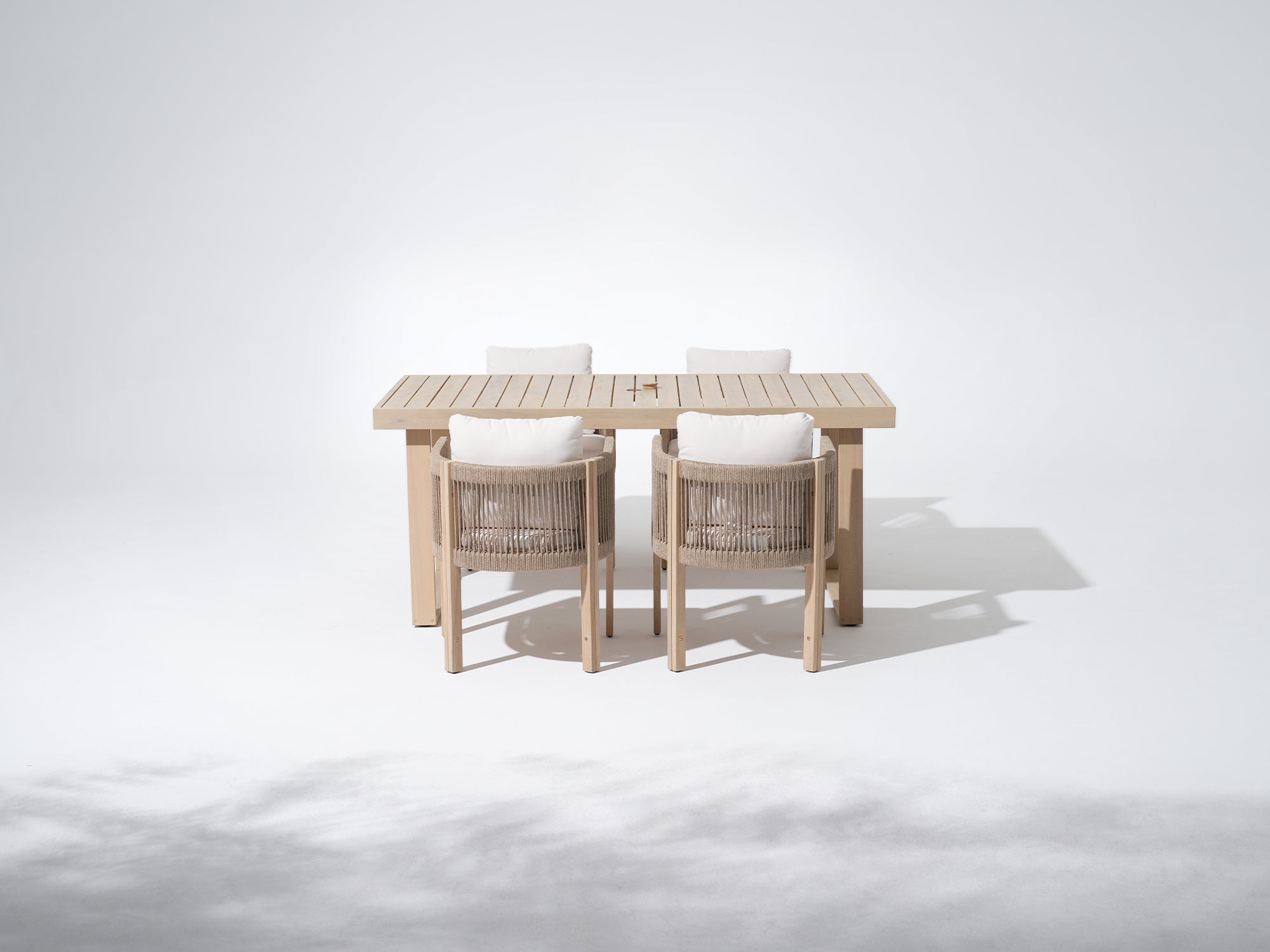 acacia Wooden outdoor table with four matching chairs and umbrella hole - Jardina Premium Modern Outdoor Dining Furniture