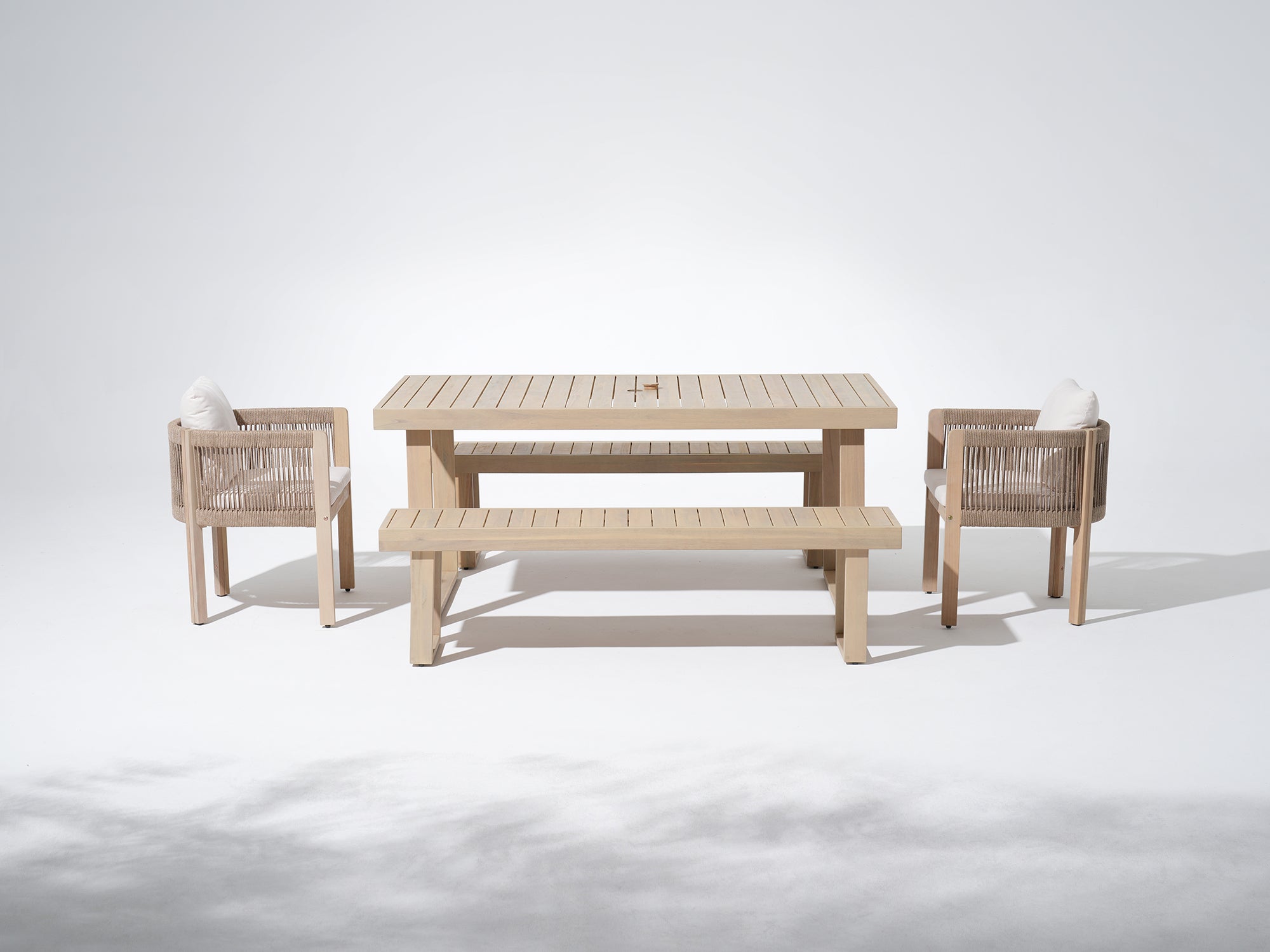 Wooden outdoor furniture set with table, chairs and benches, umbrella hole & rope design