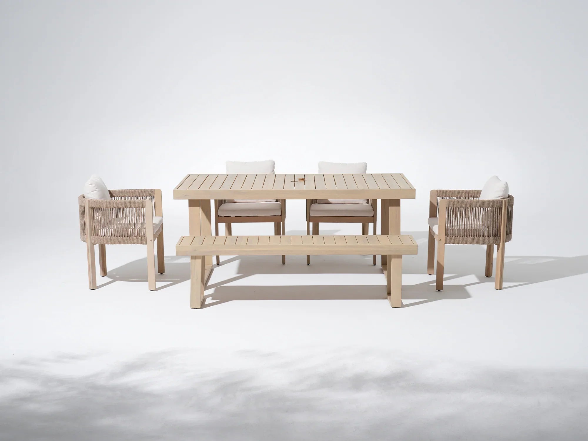 Foristern 67‘’ acacia Wooden and rope Outdoor Dining Set with Umbrella Hole For 6 People - Jardina Premium Modern Outdoor Dining Furniture