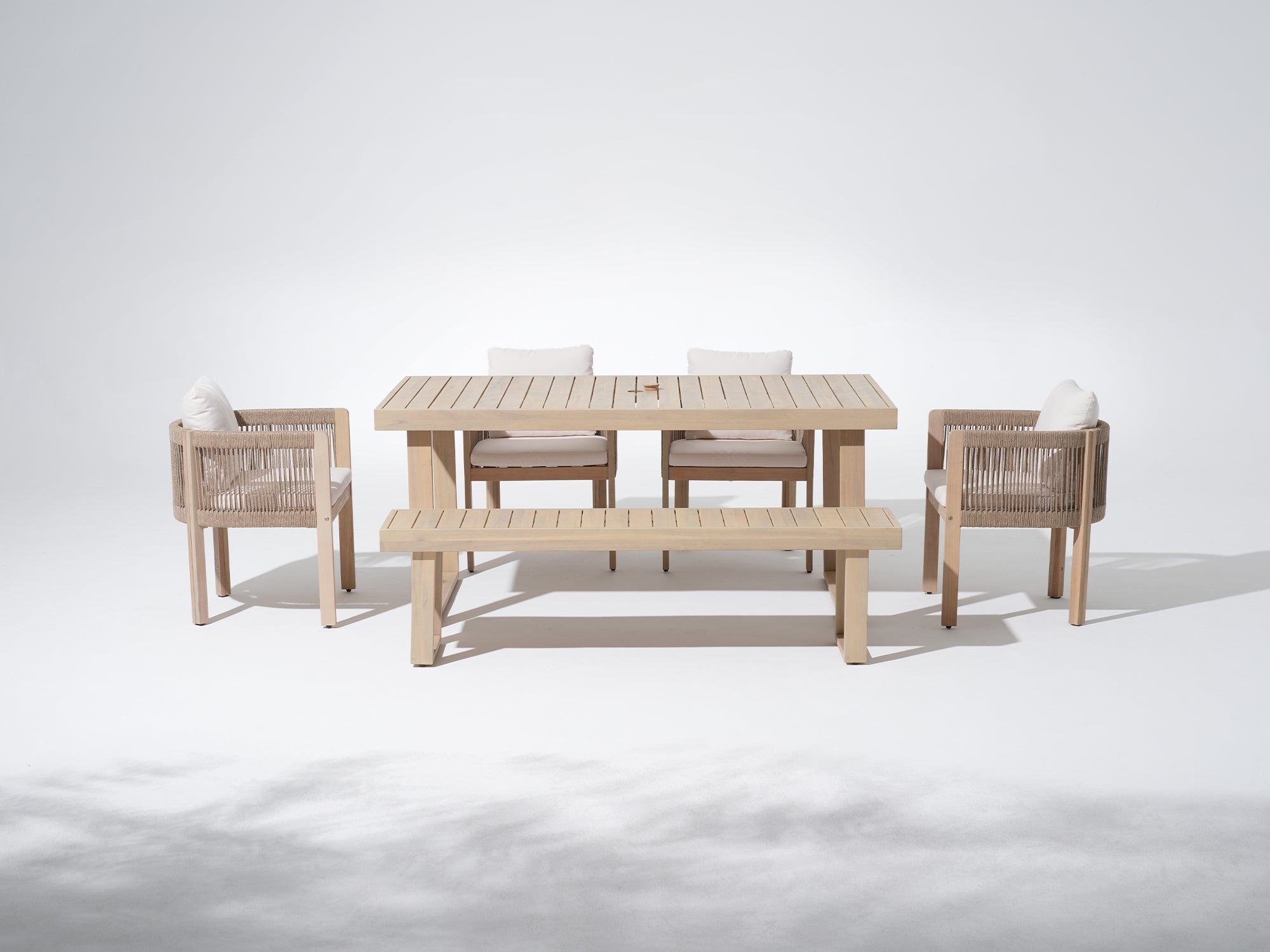 Foristern 67‘’ acacia Wooden and rope Outdoor Dining Set with Umbrella Hole For 6 People - Jardina Premium Modern Outdoor Dining Furniture