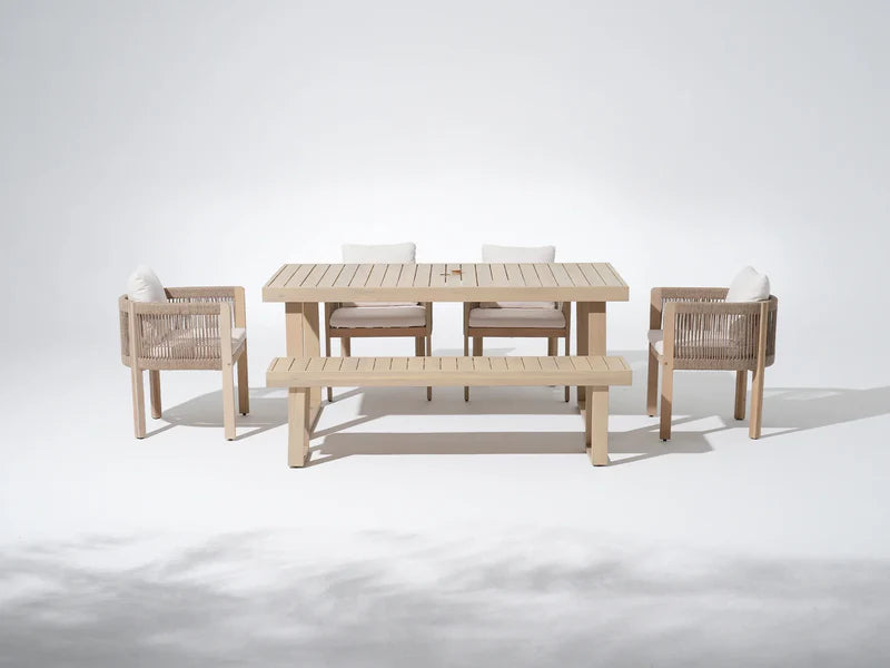 Foristern Wooden Outdoor Dining Set with Umbrella Hole for 4-6 People, 67" Sled-Leg