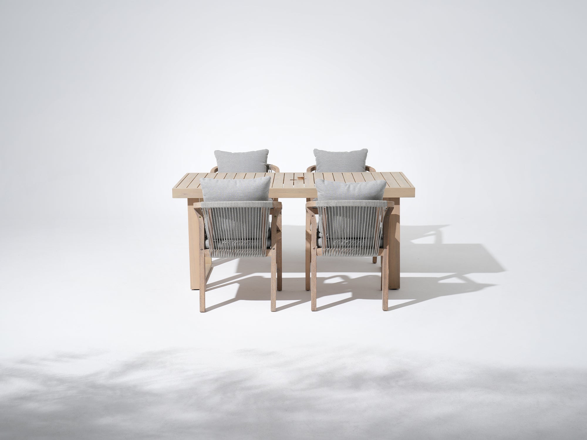 Thalea 67'' Rectangular acacia Wooden Outdoor Dining Set with 4 Rope Chairs, Sled-Leg Design & Umbrella Hole - Jardina Premium Modern Outdoor Dining Furniture