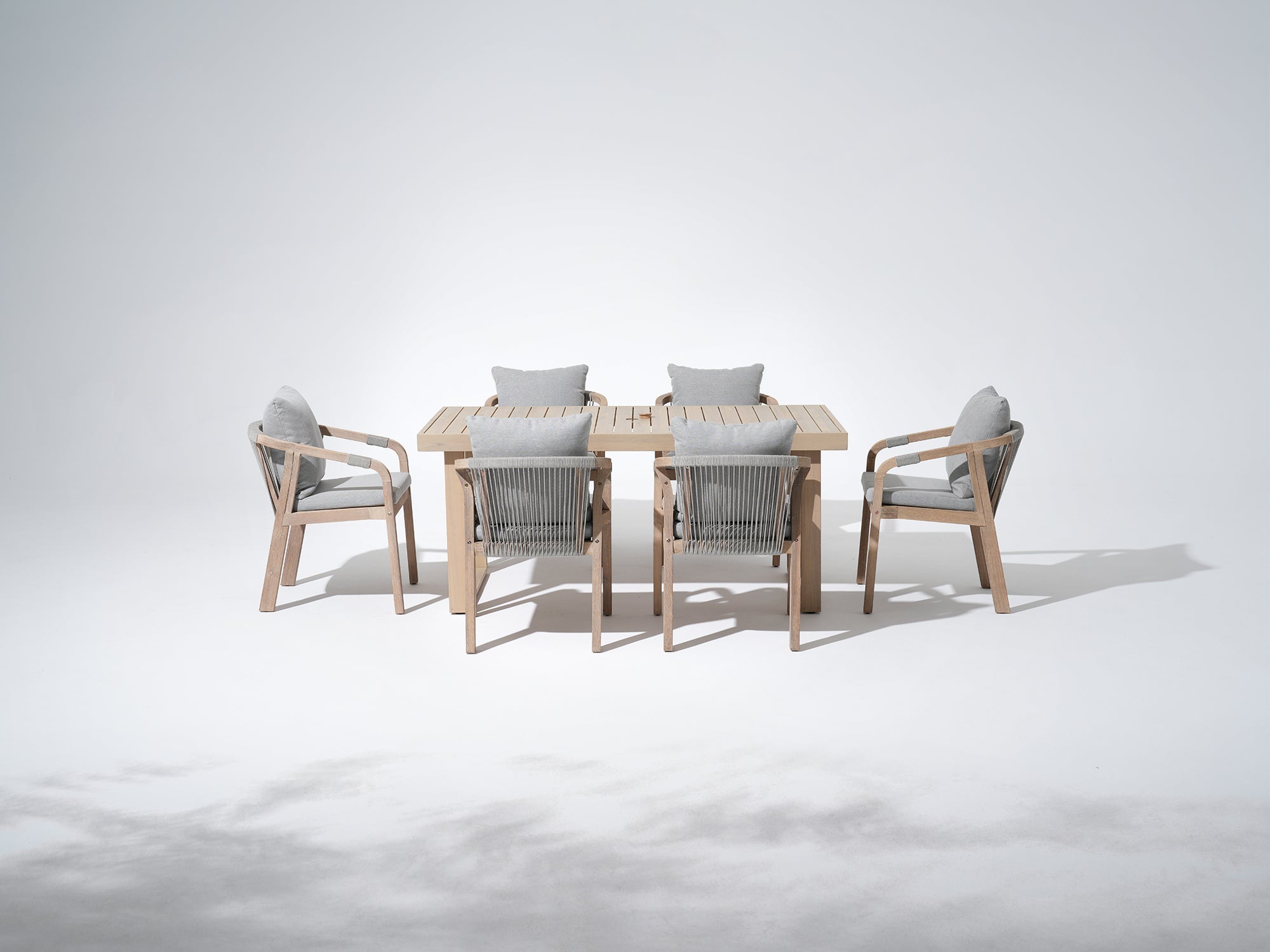 Thalea rectangular wood outdoor dining set for 6 people, a 67'' table with umbrella hole and six wood armchairs with rope design