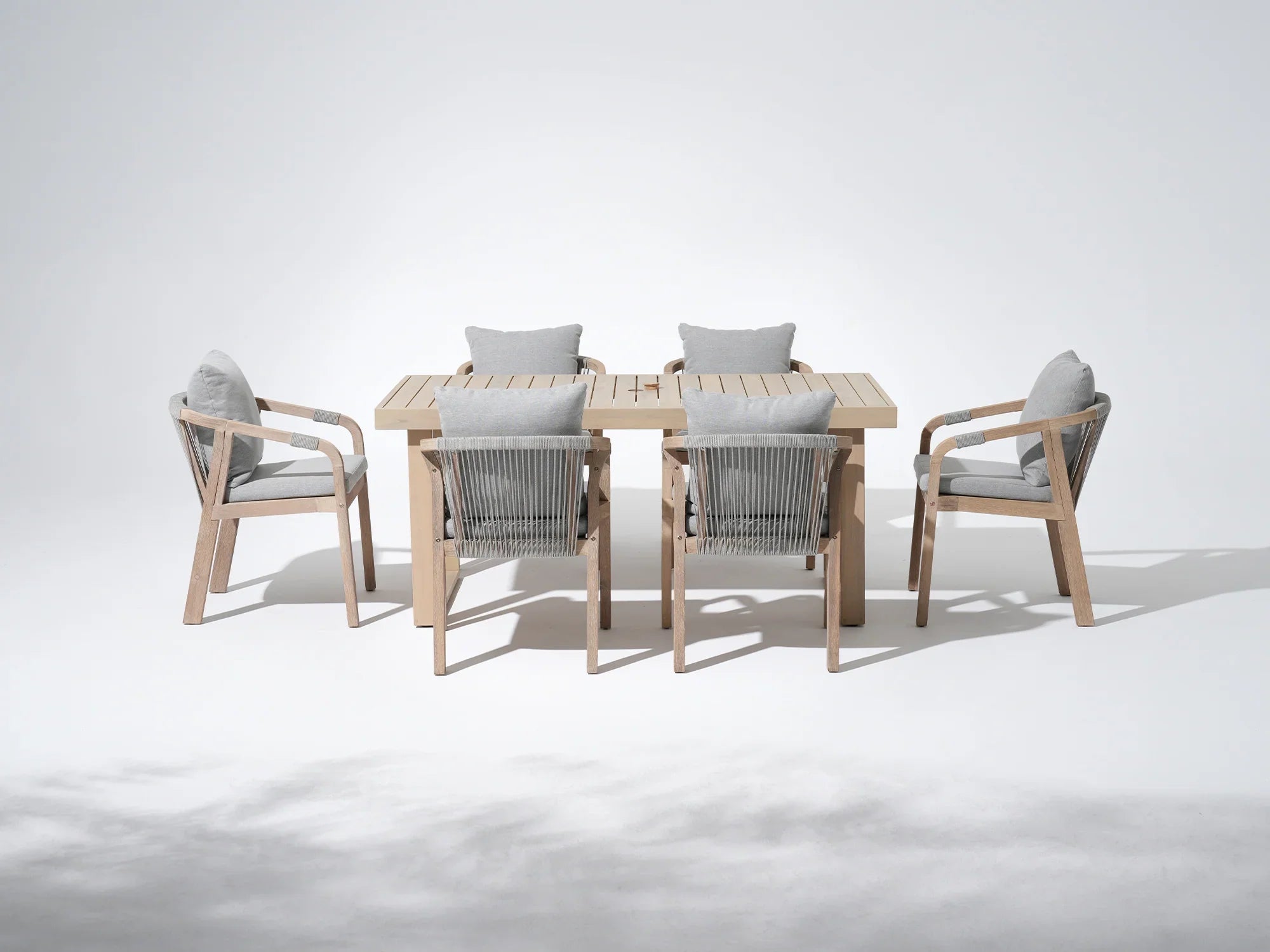 Thalea 67'' Rectangular acacia Wooden Outdoor Dining Set with 4-6 Rope Chairs, Sled-Leg Design & Umbrella Hole - Jardina Premium Modern Outdoor Dining Furniture