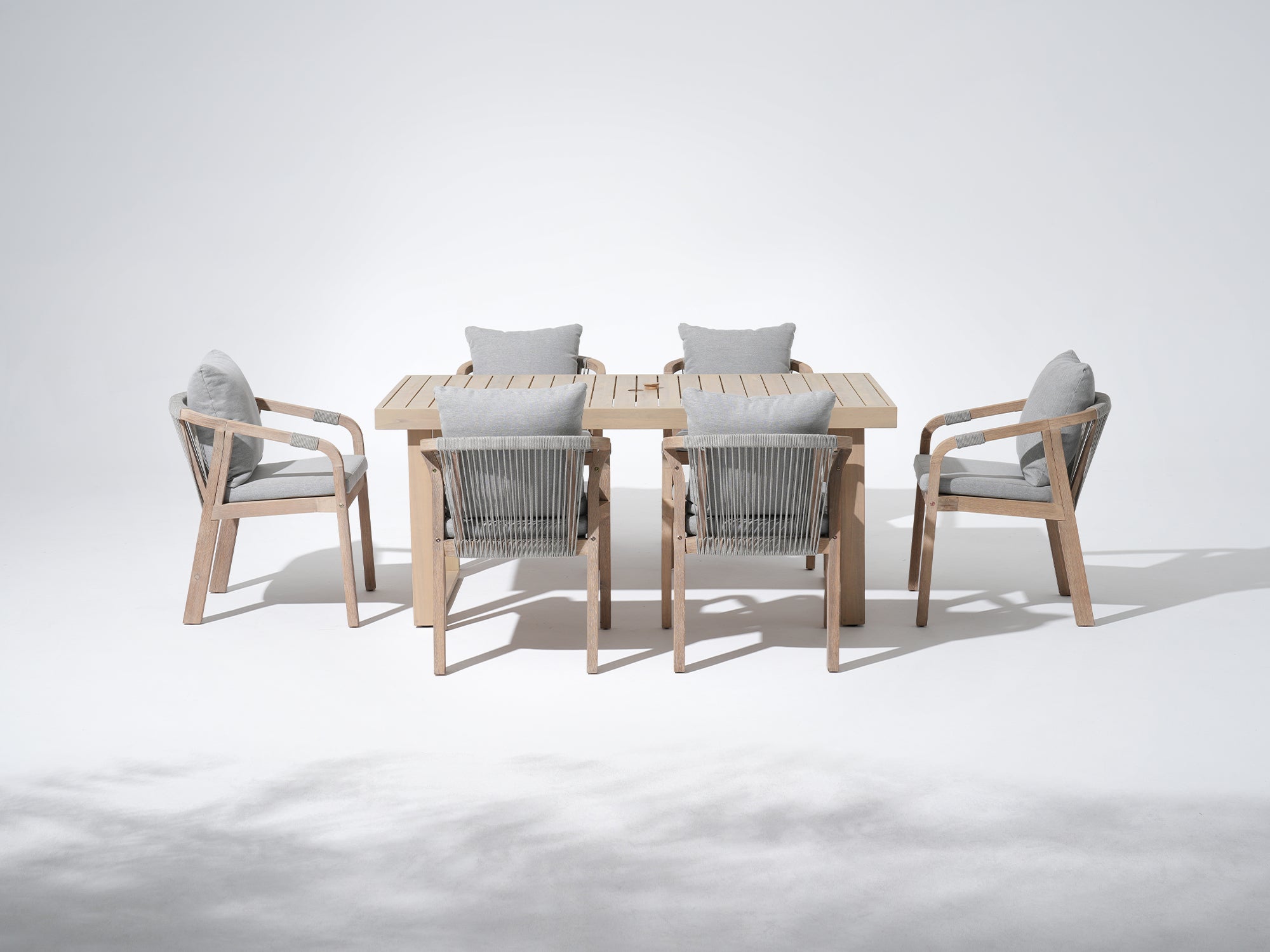 Thalea 67'' Rectangular acacia Wooden Outdoor Dining Set with 4-6 Rope Chairs, Sled-Leg Design & Umbrella Hole - Jardina Premium Modern Outdoor Dining Furniture