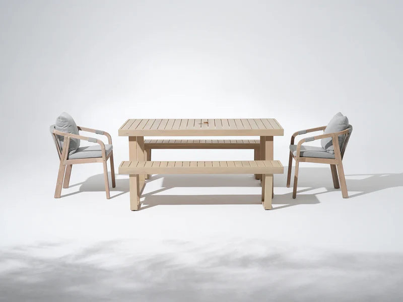 Thalea Mixed Finish Outdoor Rectangular Wooden Dining Set, Umbrella Hole for 4-6 People, 67" Sled-Leg