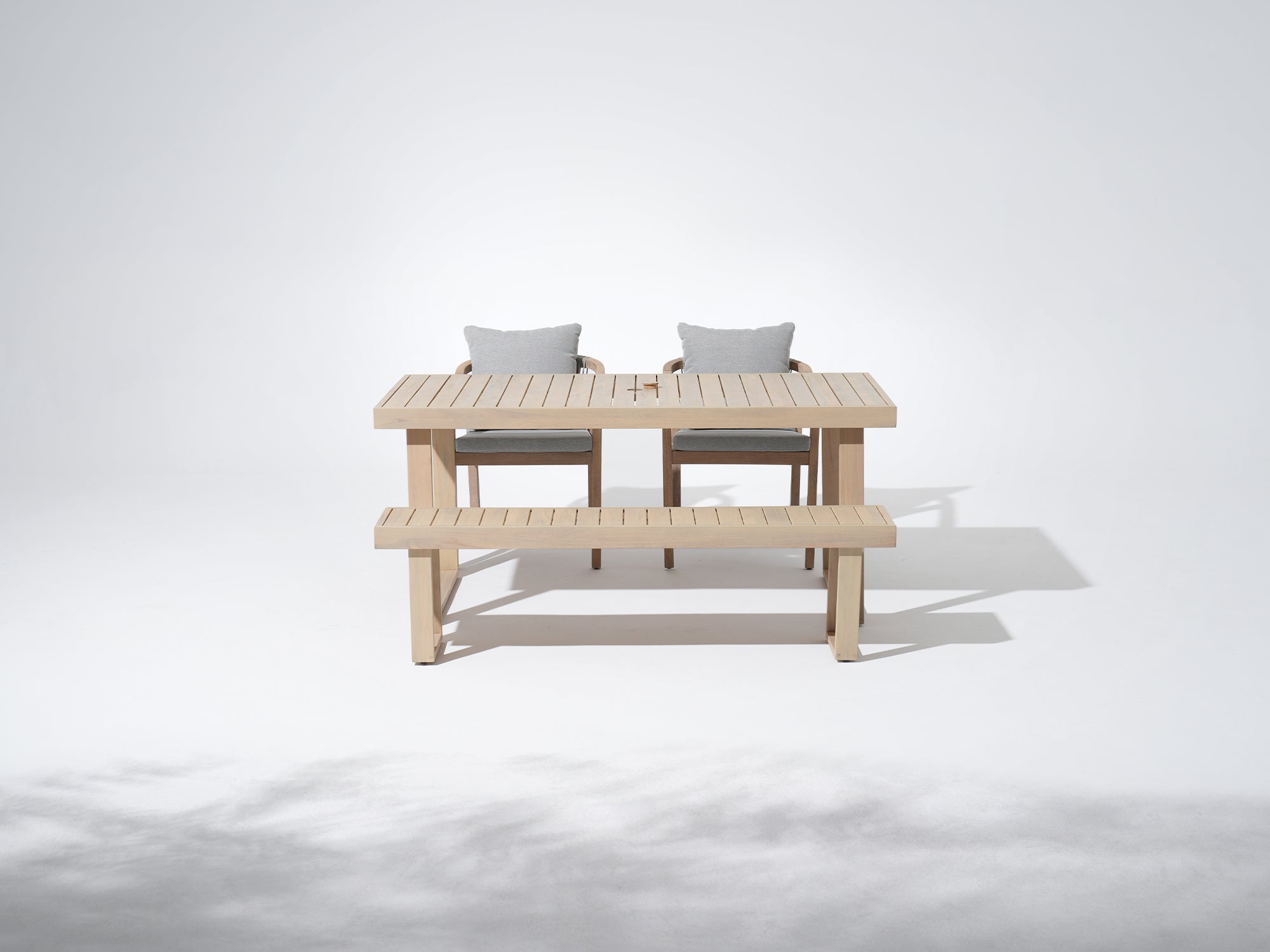 Wooden rectangular outdoor table set for 4, outdoor table with umbrella hole, two chairs with rope design and a bench