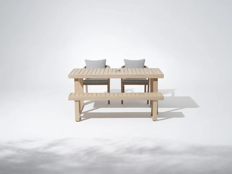 Thalea Mixed Finish Outdoor Rectangular Wooden Dining Set, Umbrella Hole for 4-6 People, 67" Sled-Leg