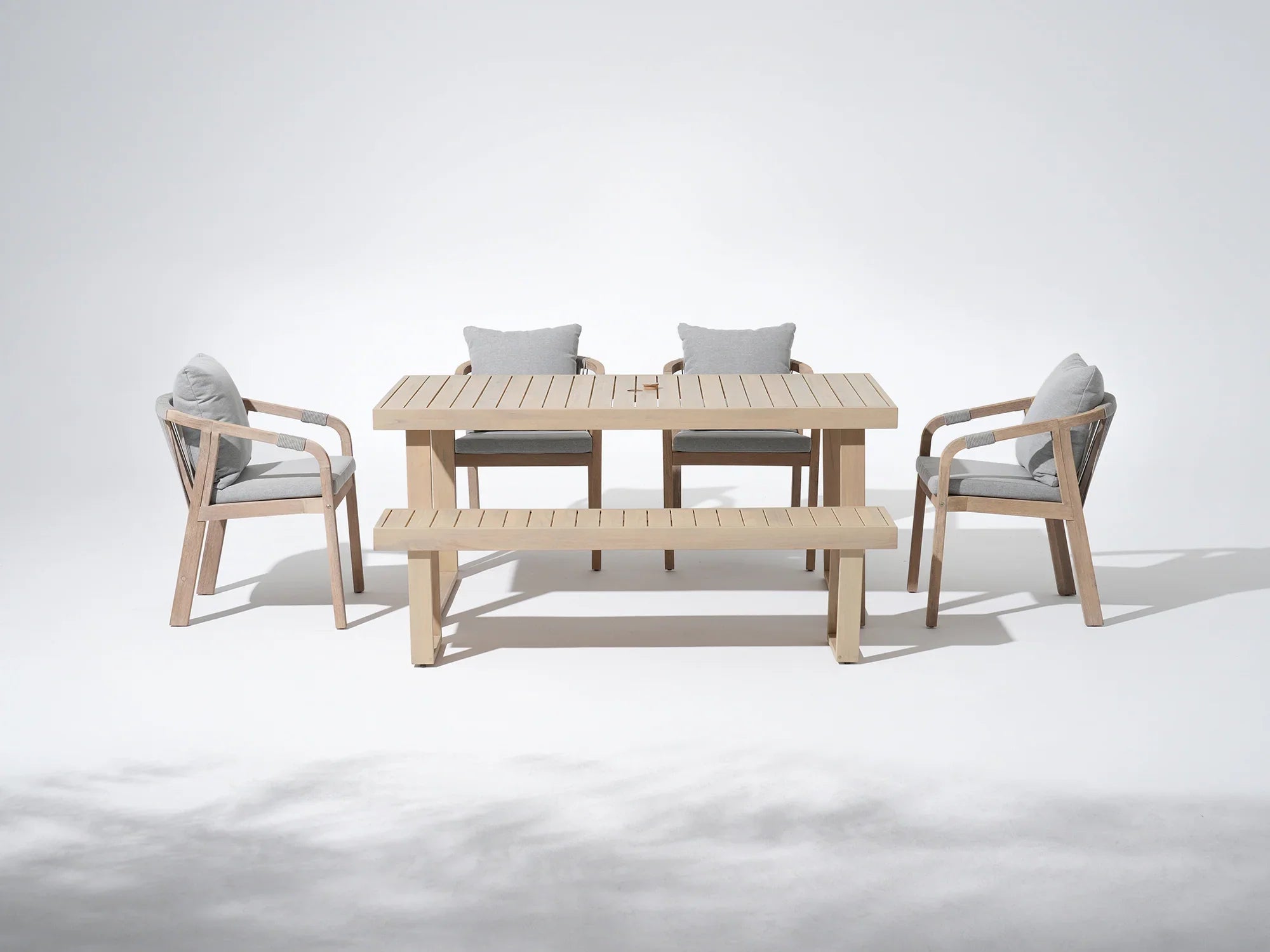 Thalea acacia wood Outdoor furniture dining set for 6 with 4 dining chairs, a bench and a rectangular table with umbrella hole - Jardina Premium Modern Outdoor Dining Furniture