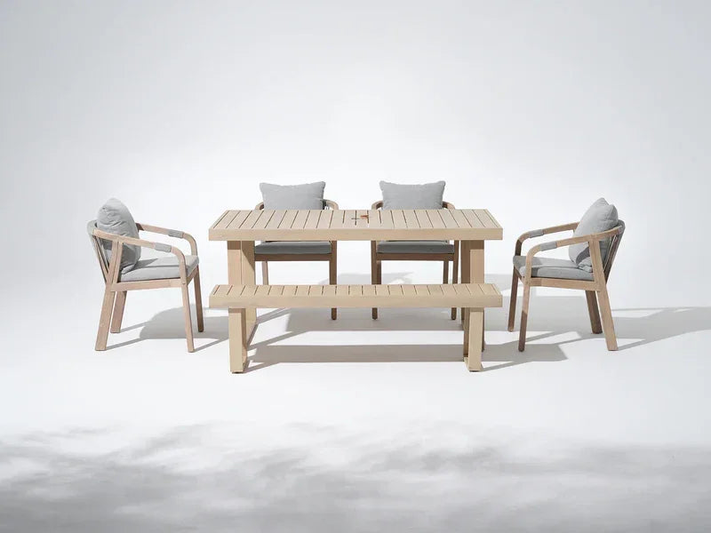 Thalea Mixed Finish Outdoor Rectangular Wooden Dining Set, Umbrella Hole for 4-6 People, 67" Sled-Leg