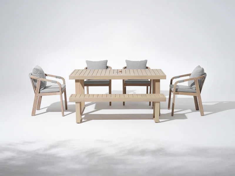 Thalea Mixed Finish Outdoor Rectangular Wooden Dining Set, Umbrella Hole for 4-6 People, 67" Sled-Leg