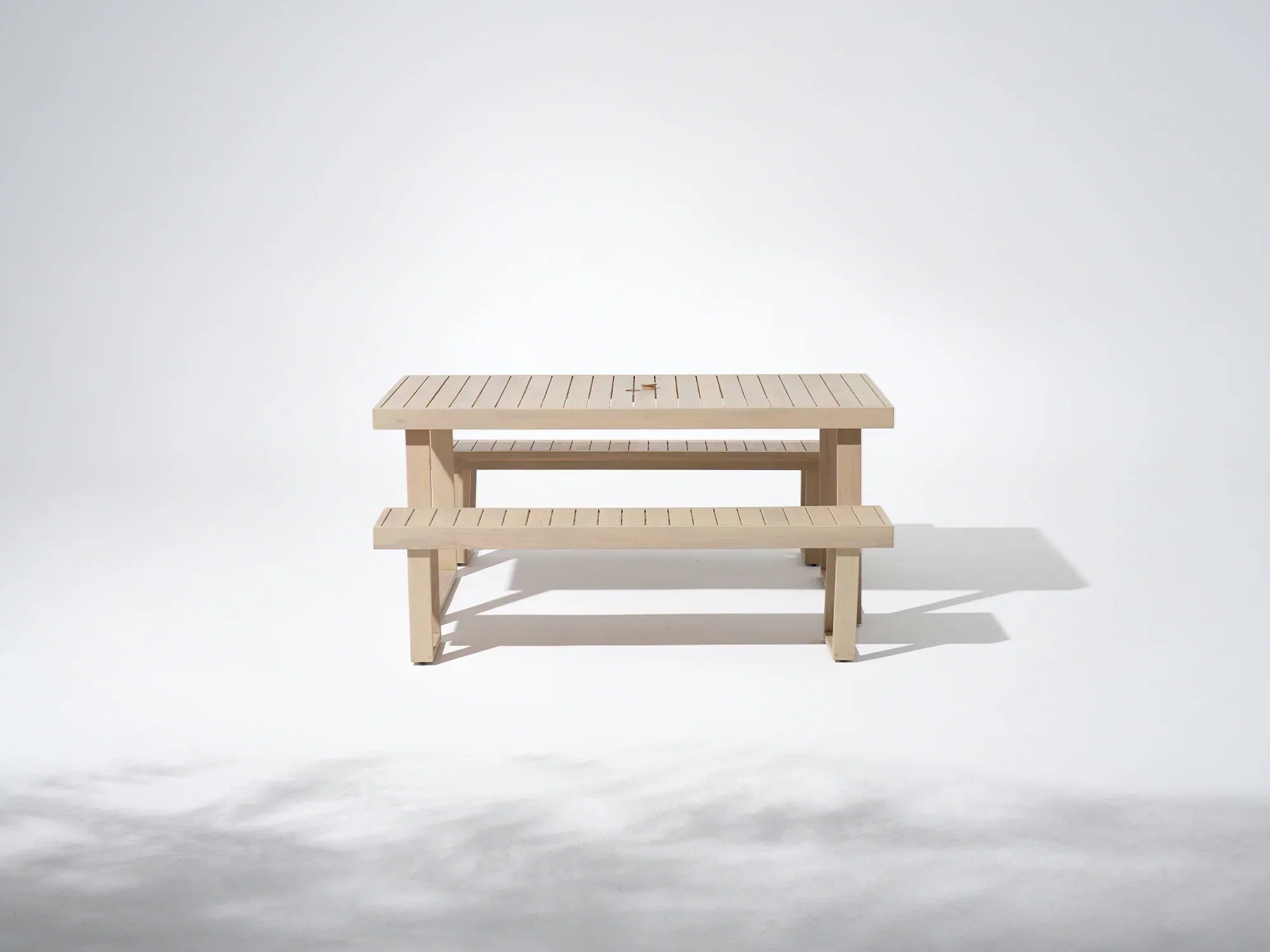 acacia Wooden outdoor table with umbrella hole and two benches for 4 people - Jardina Premium Modern Outdoor Dining Furniture