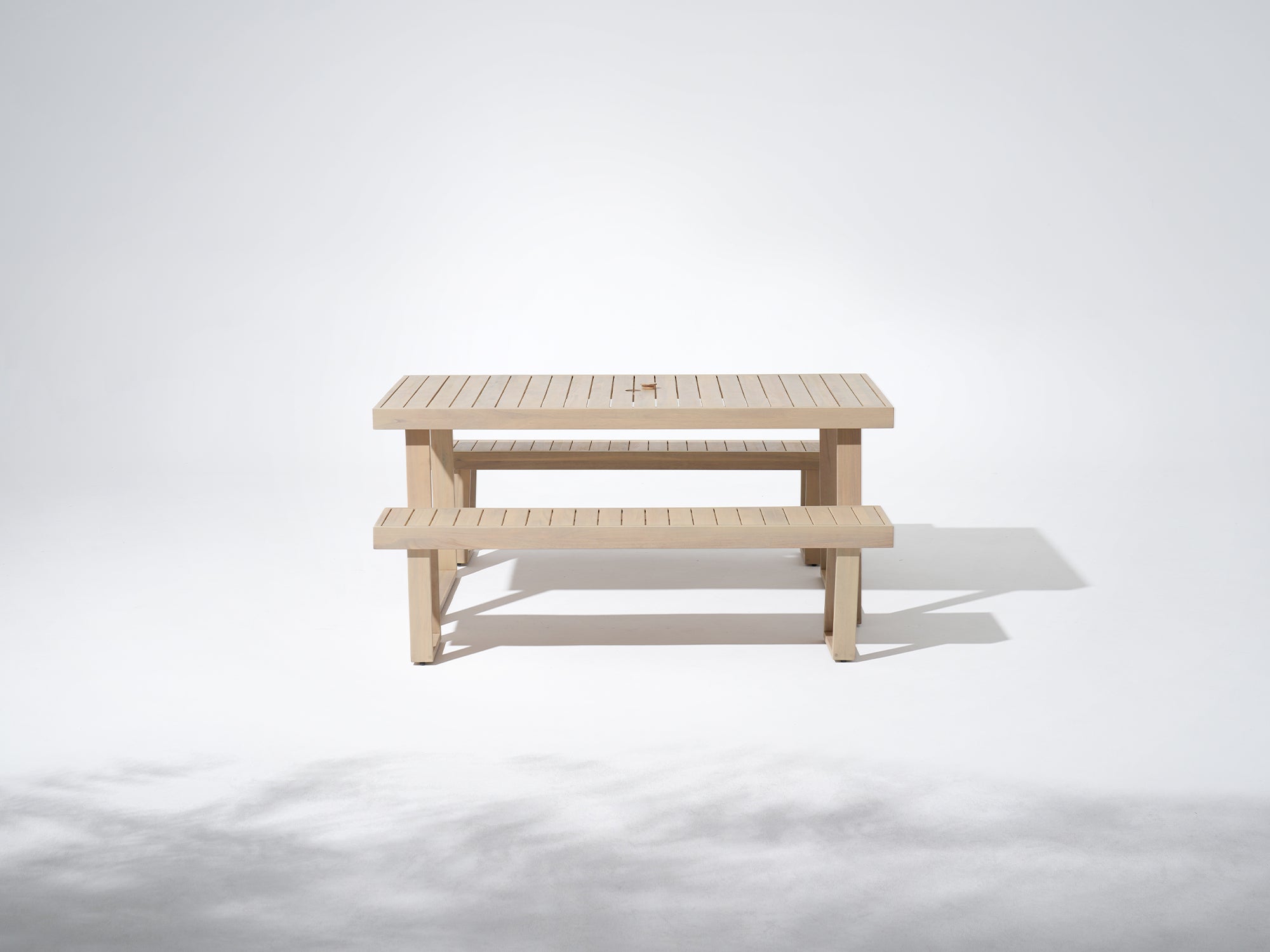 acacia Wooden outdoor table with umbrella hole and two benches for 4 people - Jardina Premium Modern Outdoor Dining Furniture