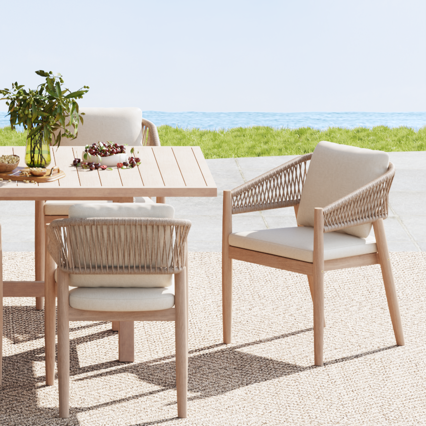 Lira Wooden Outdoor Dining Set with Rope Design, 8 Seats, 90''Table with Umbrella Hole