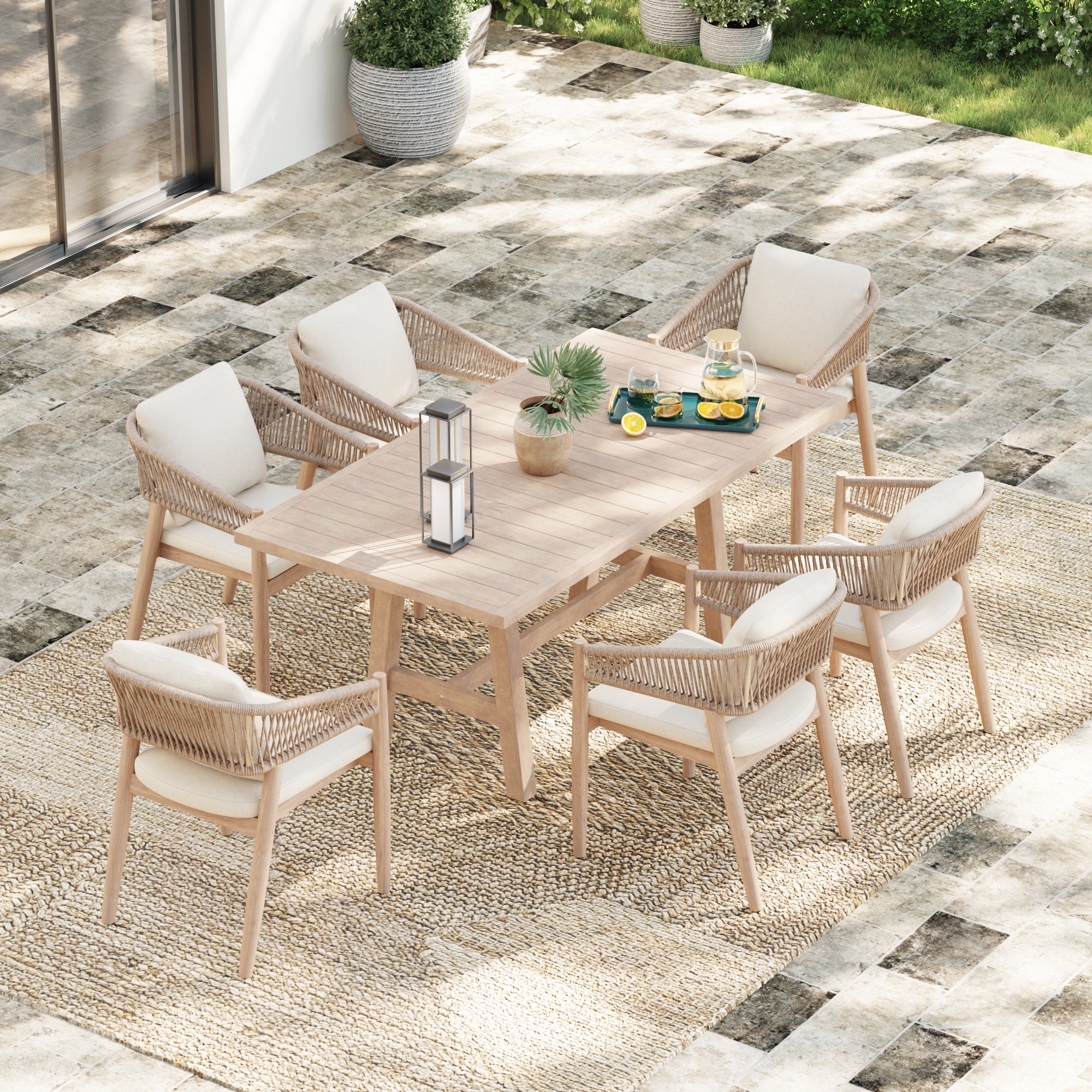 7pcs acacia wood outdoor patio dining furniture set for 6 people with a rectangular table and 6 hand-woven rope chair with cushions - Jardina Premium Modern Outdoor Dining Furniture