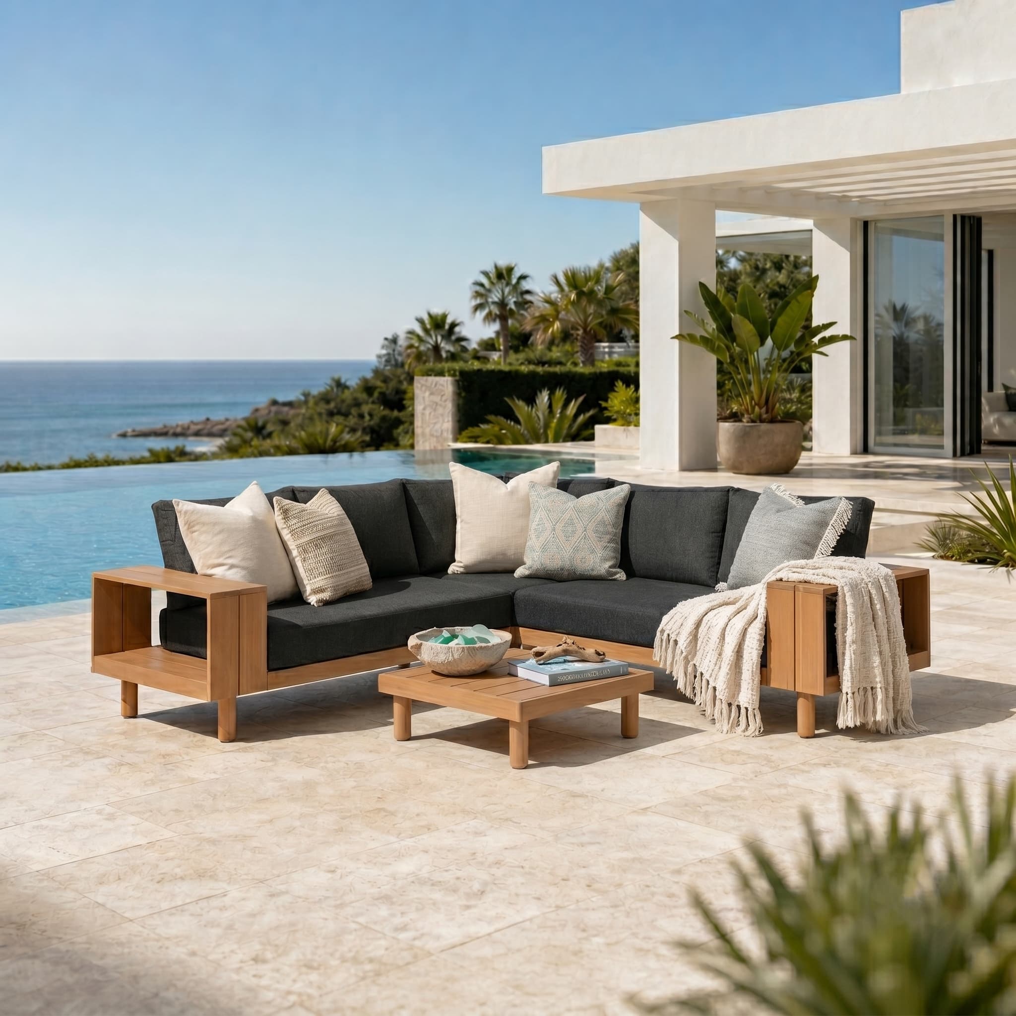 Kiri Outdoor Wooden L-Shaped Sectional Sofa Set with Storage Side Table, Teak Tone, Black Cushions