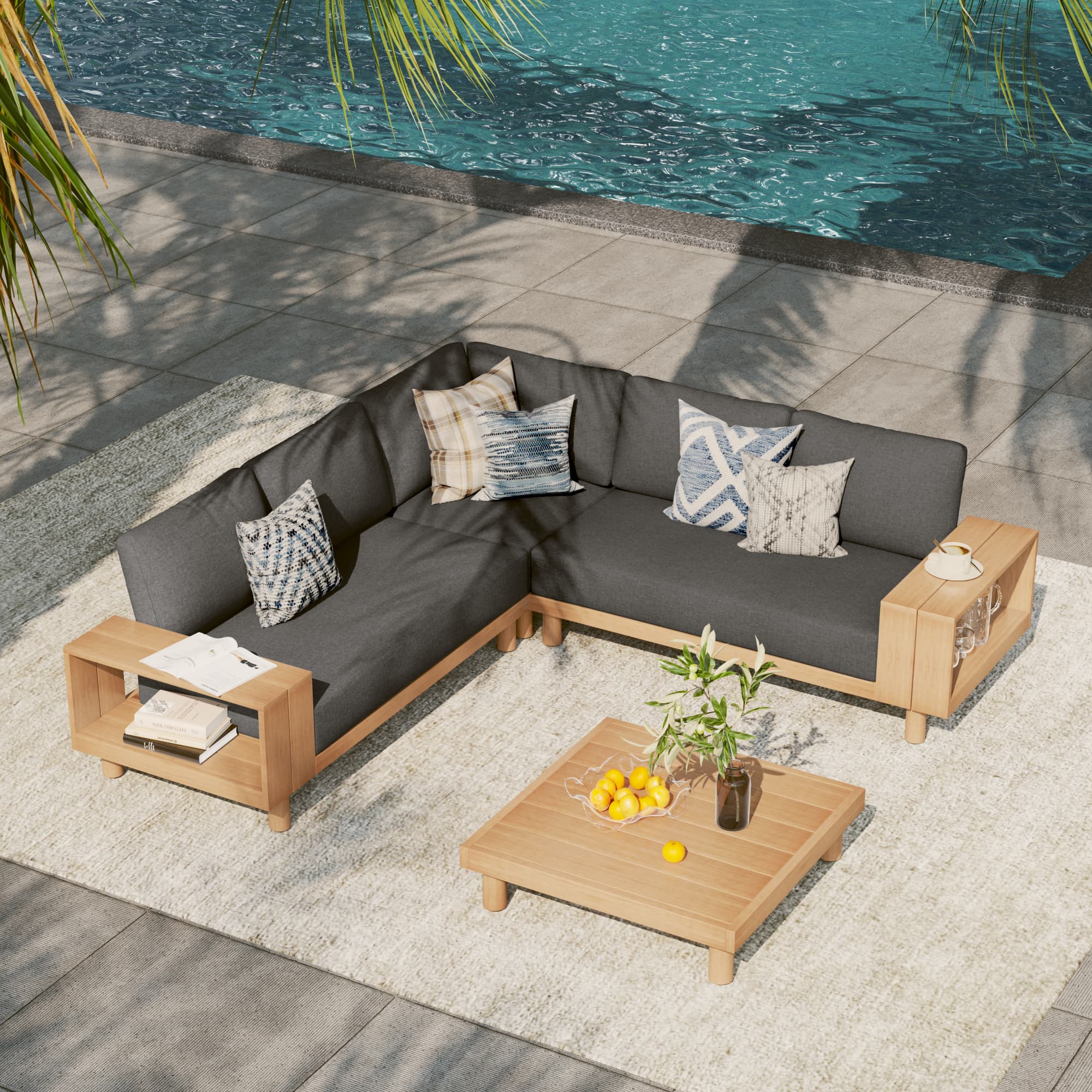 Kiri Outdoor Wooden L-Shaped Sectional Sofa Set with Storage Side Table, Teak Tone, Black Cushions