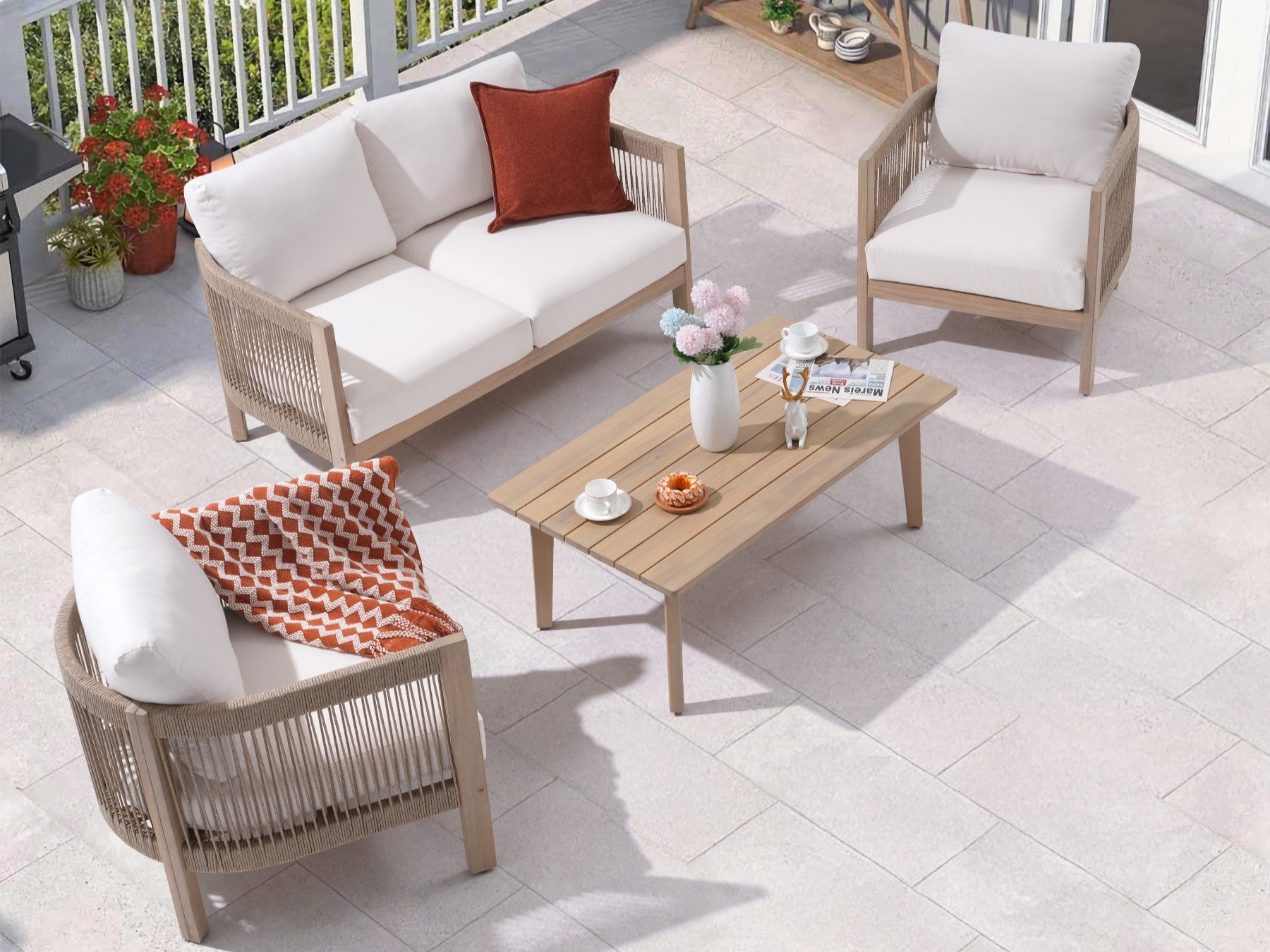 Foristern 4-seat Wooden Outdoor furniture Set with Rope Design, white cushions - Jardina Modern Outdoor Furniture
#Style_4-pc with Loveseat