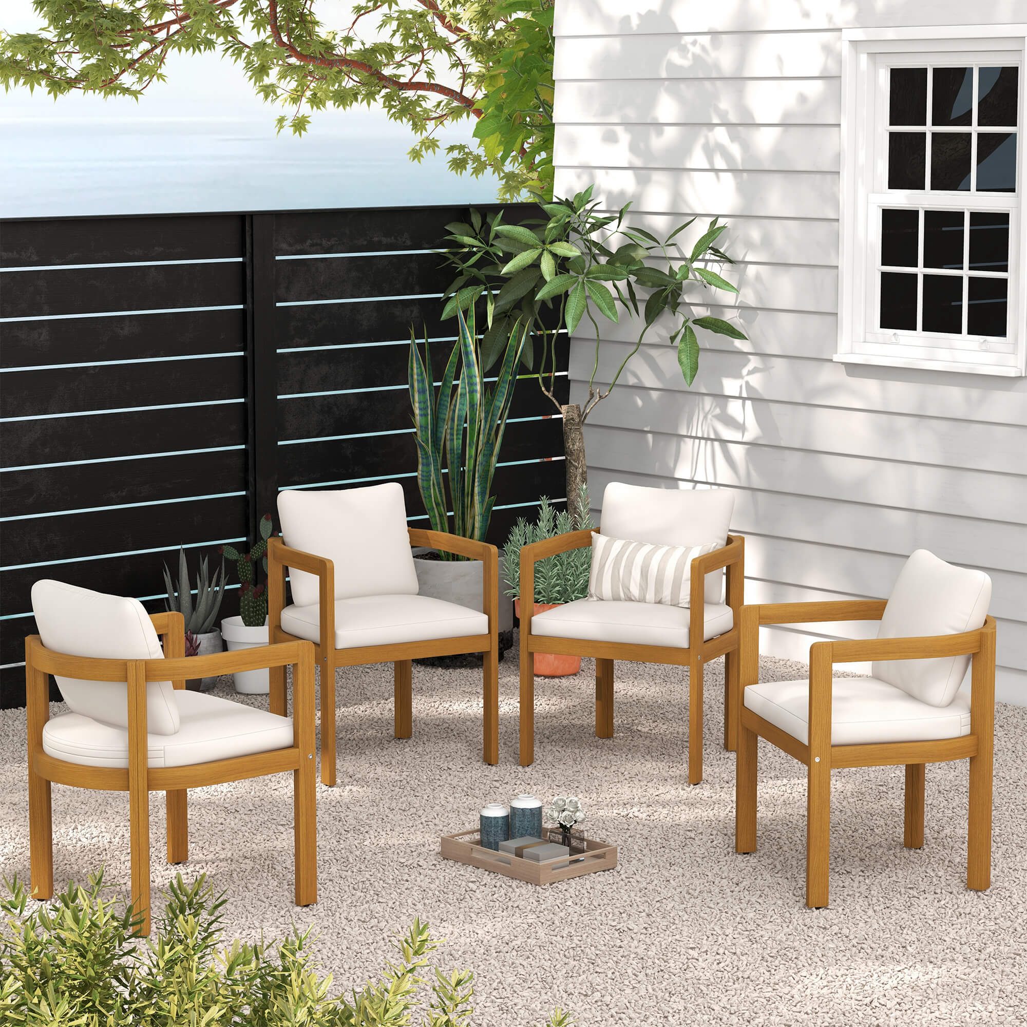 4 outdoor chairs with wooden frames and white cushions- Jardina Modern Premium Patio Outdoor Furniture