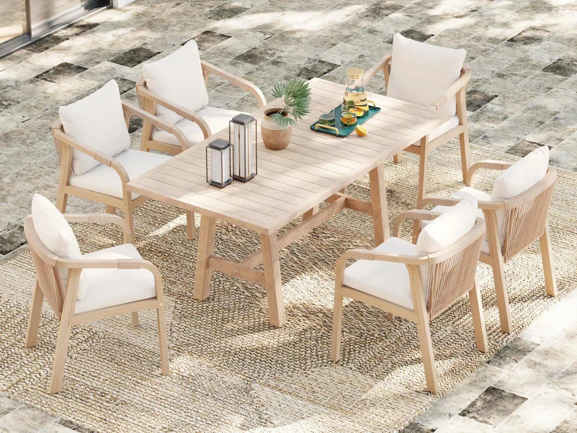 rectangular Outdoor dining set with acacia wooden table and rope design chairs - Jardina Premium Modern Outdoor Dining Furniture